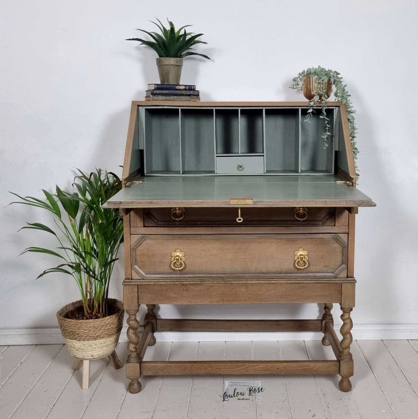 Oak Bureau Desk with Barley Twist Legs and Painted Green Interior