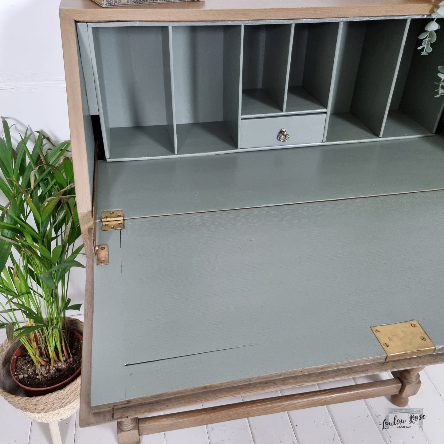 Oak Bureau Desk with Barley Twist Legs and Painted Green Interior