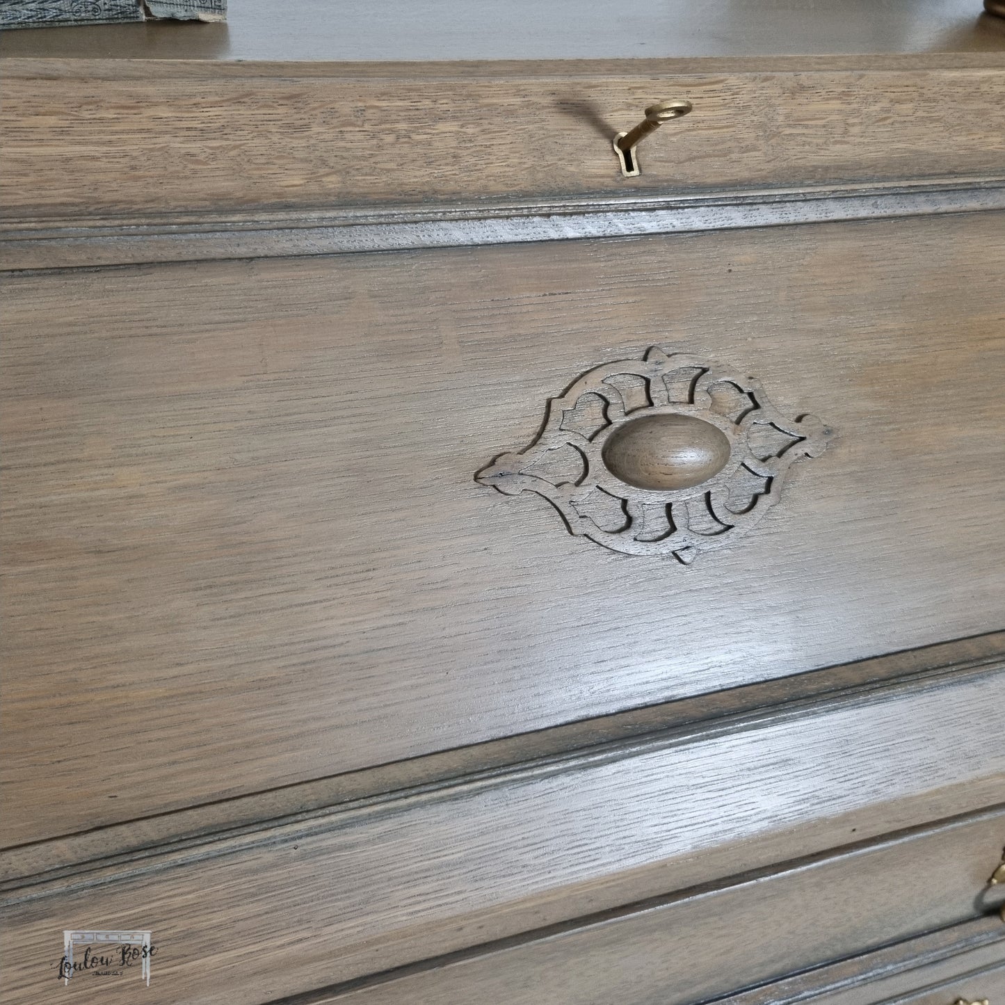 Oak Bureau Desk with Barley Twist Legs and Painted Green Interior