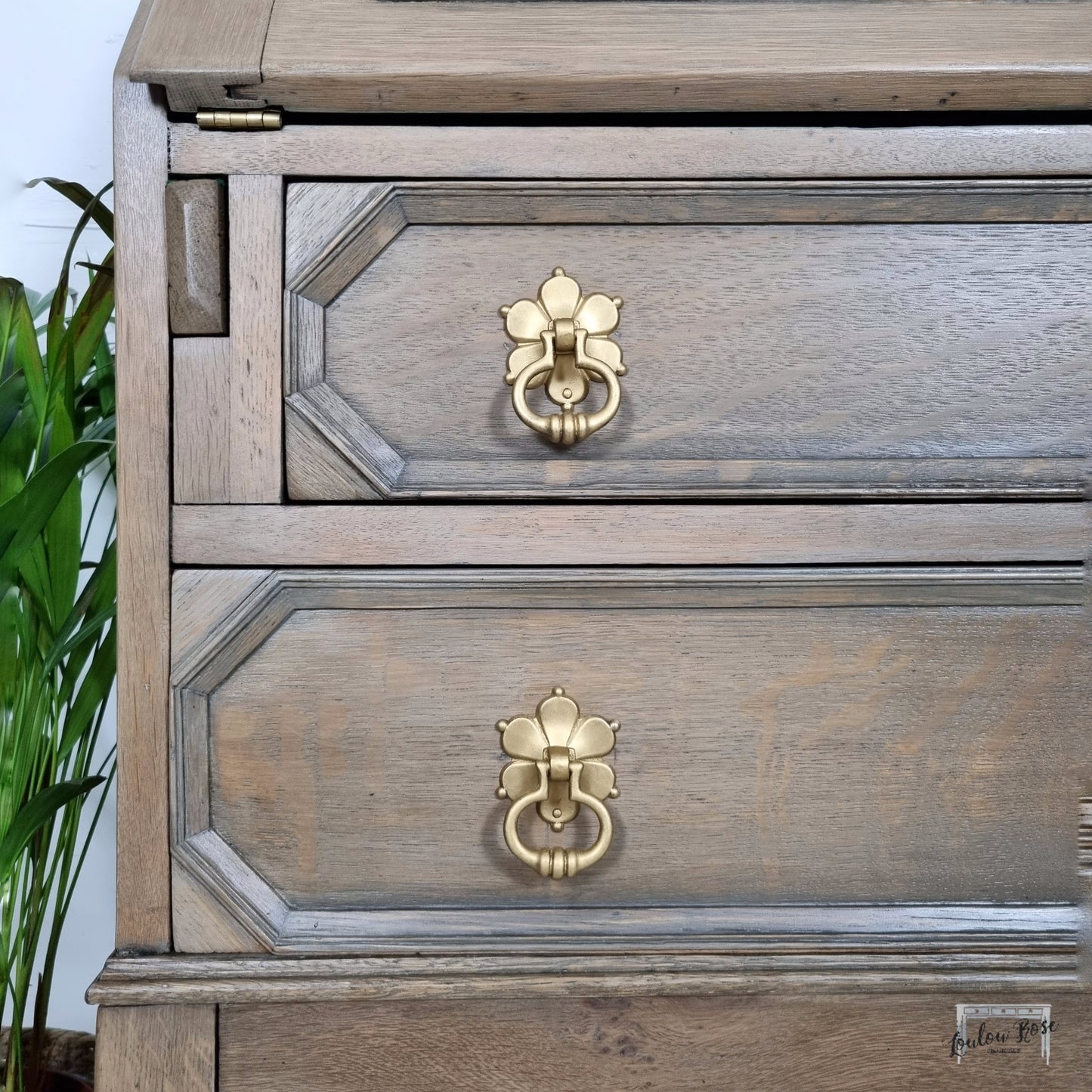 Oak Bureau Desk with Barley Twist Legs and Painted Green Interior