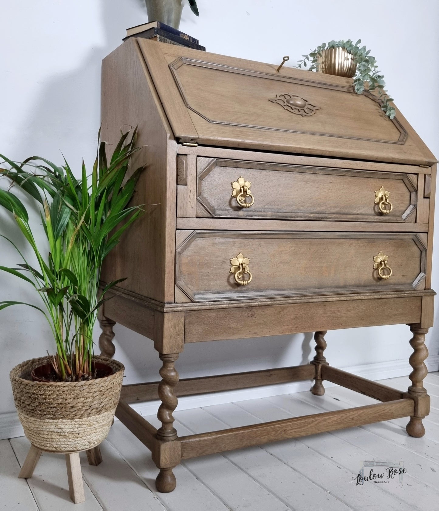 Oak Bureau Desk with Barley Twist Legs and Painted Green Interior