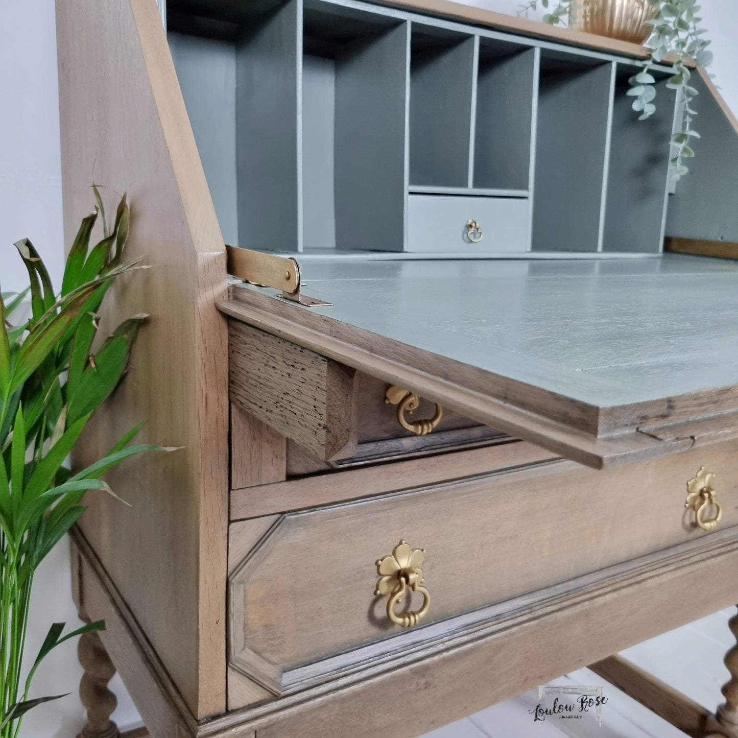 Oak Bureau Desk with Barley Twist Legs and Painted Green Interior