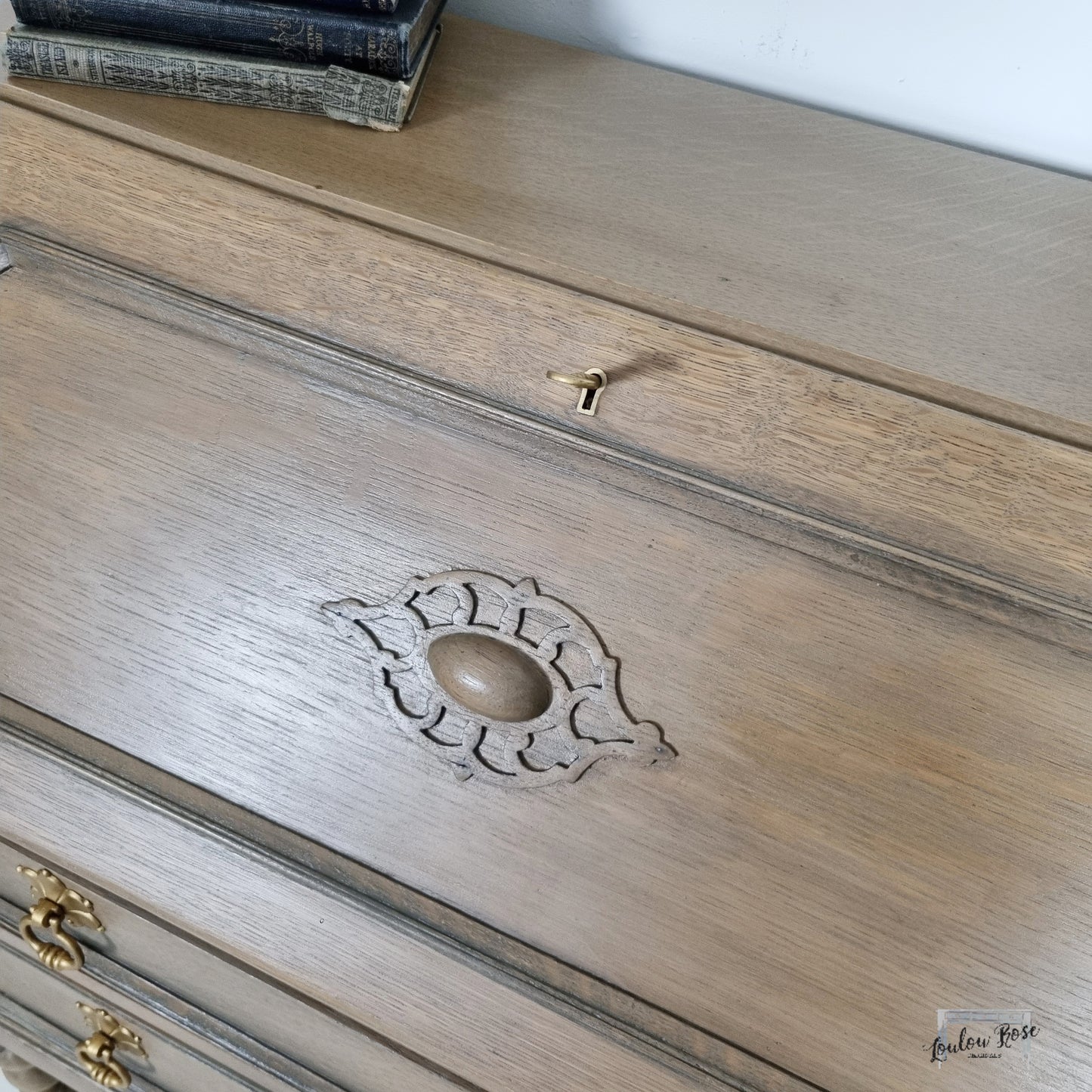 Oak Bureau Desk with Barley Twist Legs and Painted Green Interior