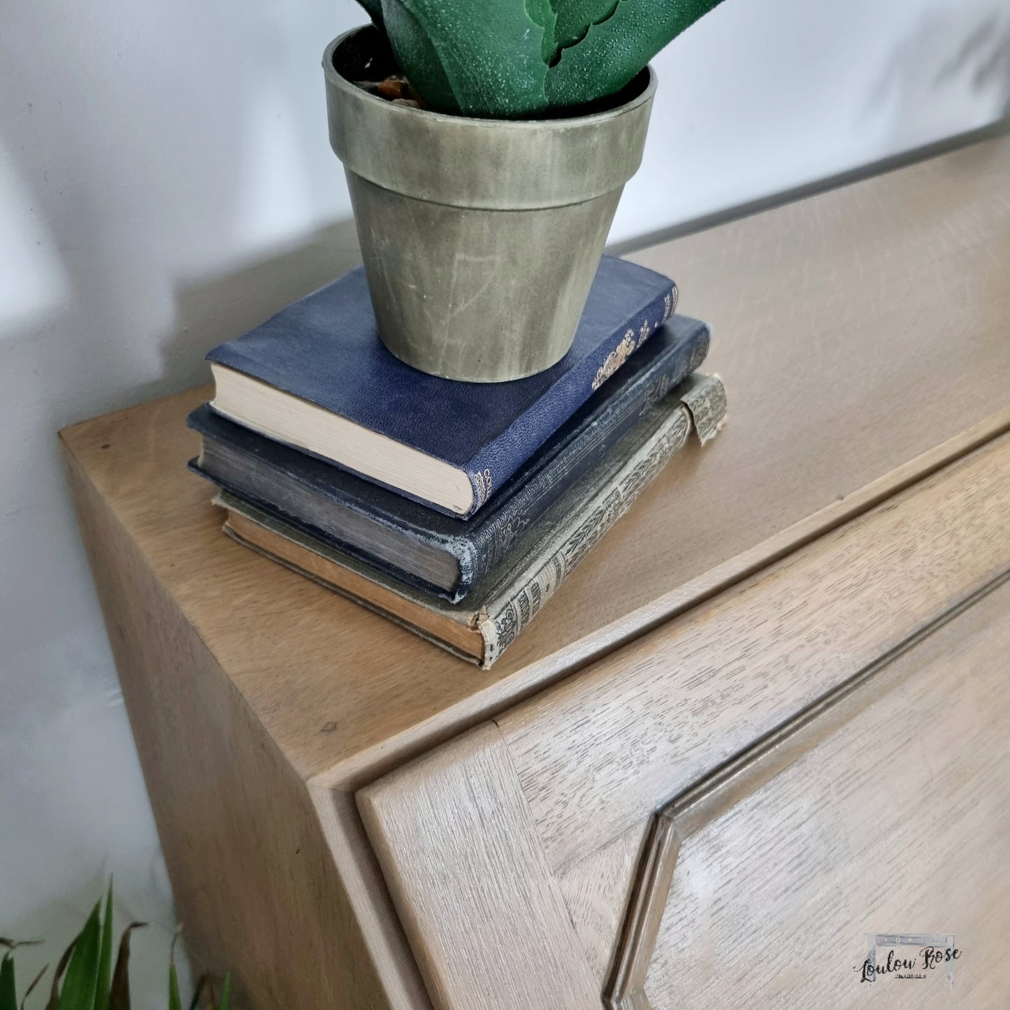 Oak Bureau Desk with Barley Twist Legs and Painted Green Interior