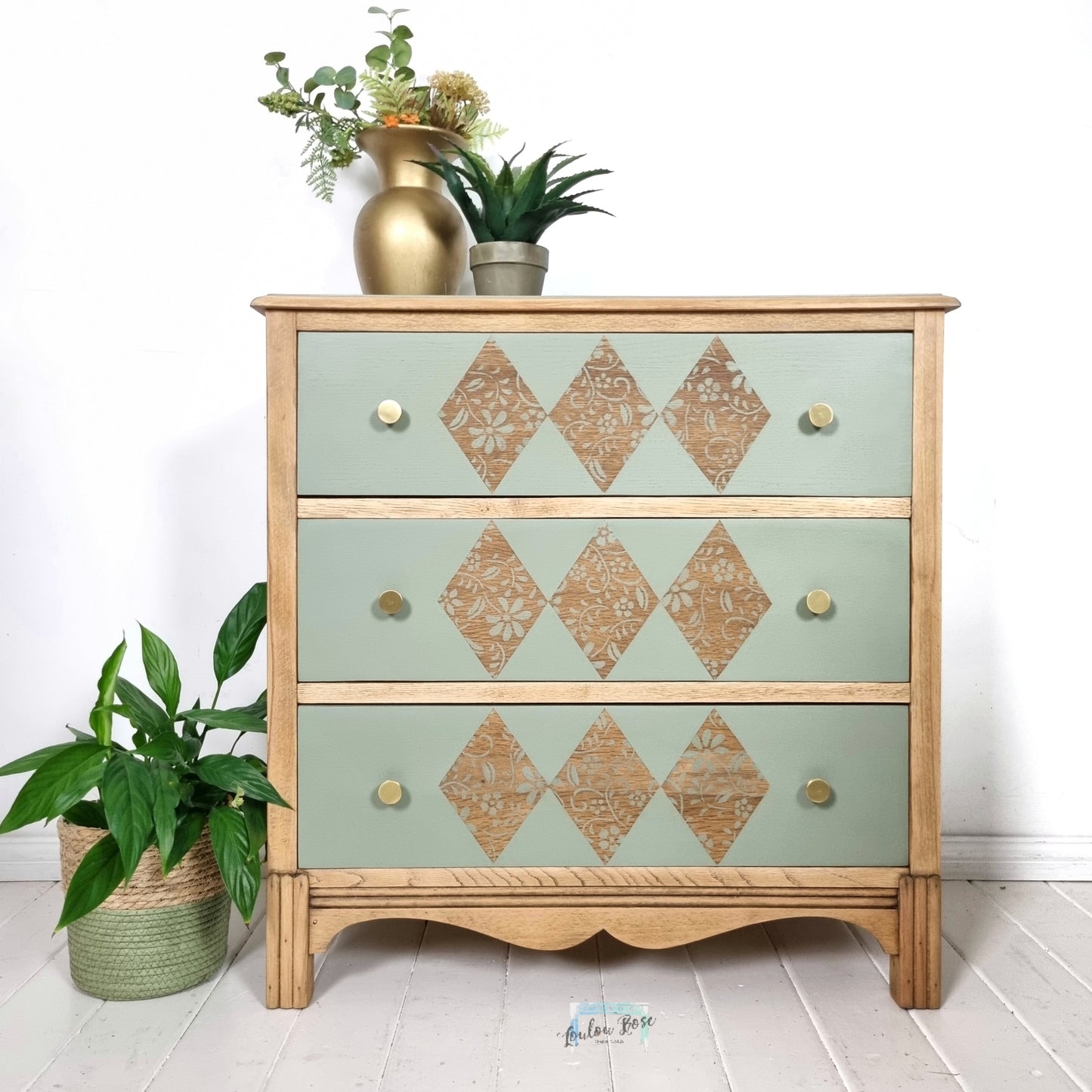 Oak Chest of Drawers Painted in Green with Stripped Detail and Stencilled Drawer Fronts