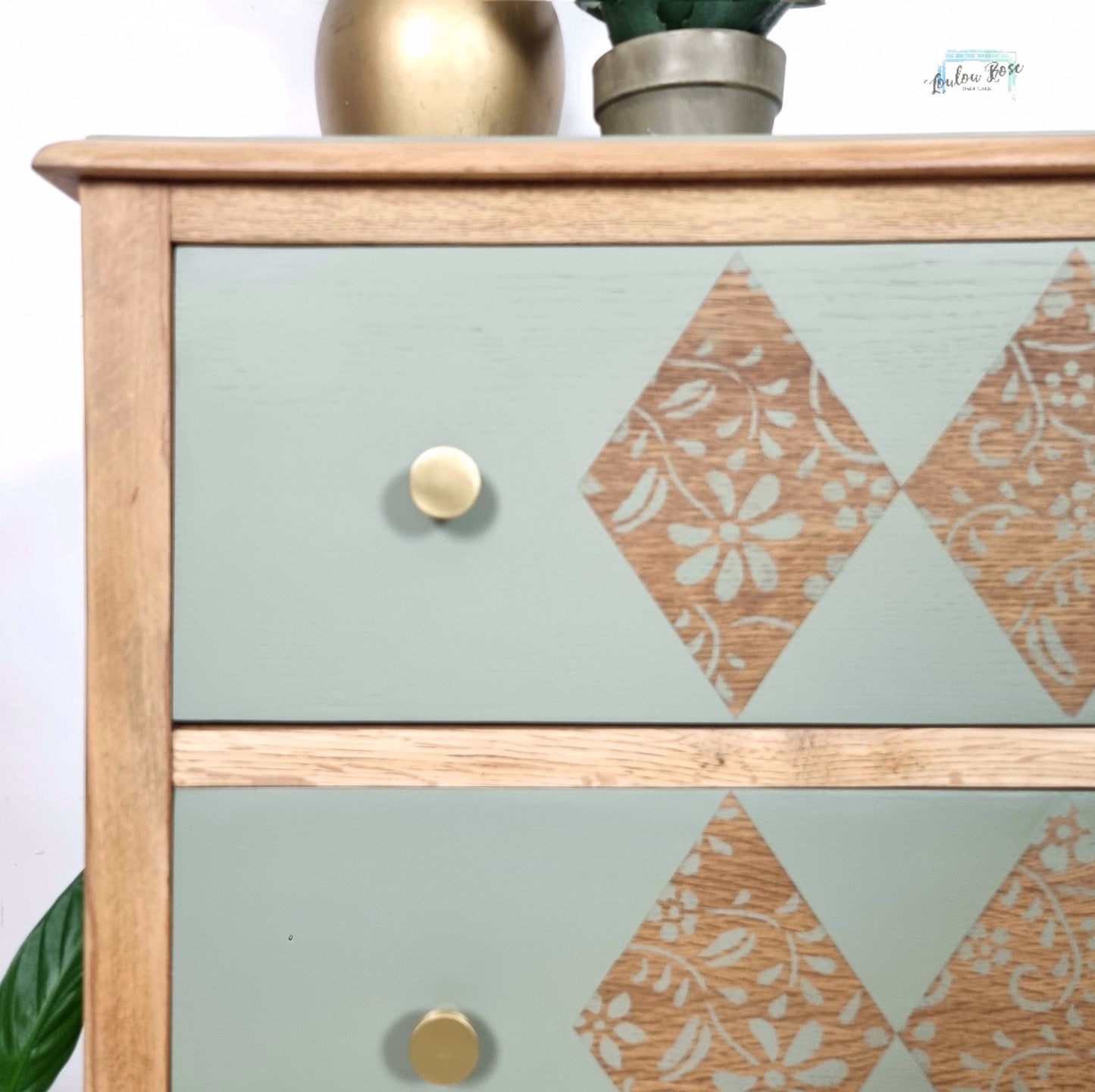 Oak Chest of Drawers Painted in Green with Stripped Detail and Stencilled Drawer Fronts