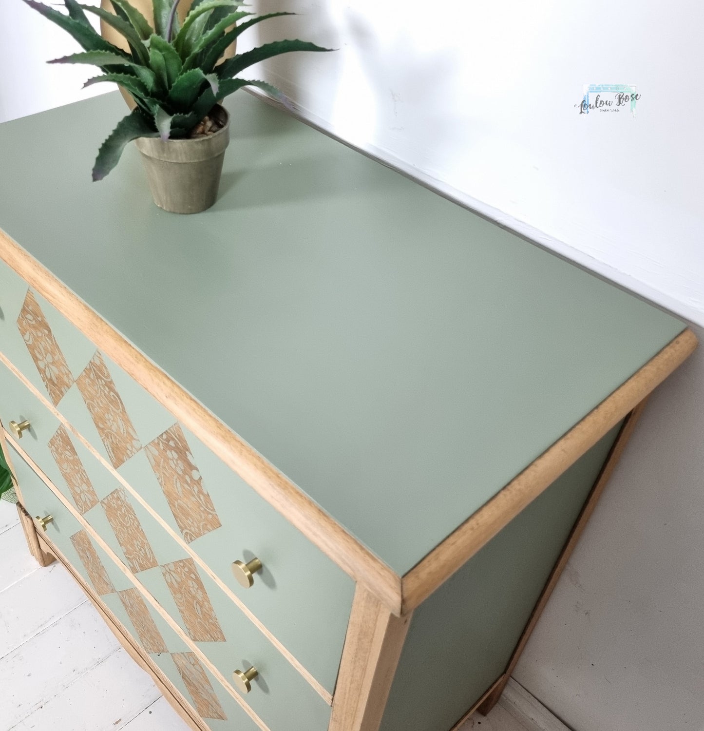 Oak Chest of Drawers Painted in Green with Stripped Detail and Stencilled Drawer Fronts