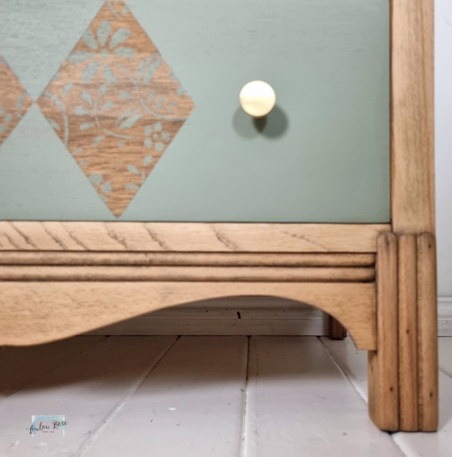 Oak Chest of Drawers Painted in Green with Stripped Detail and Stencilled Drawer Fronts