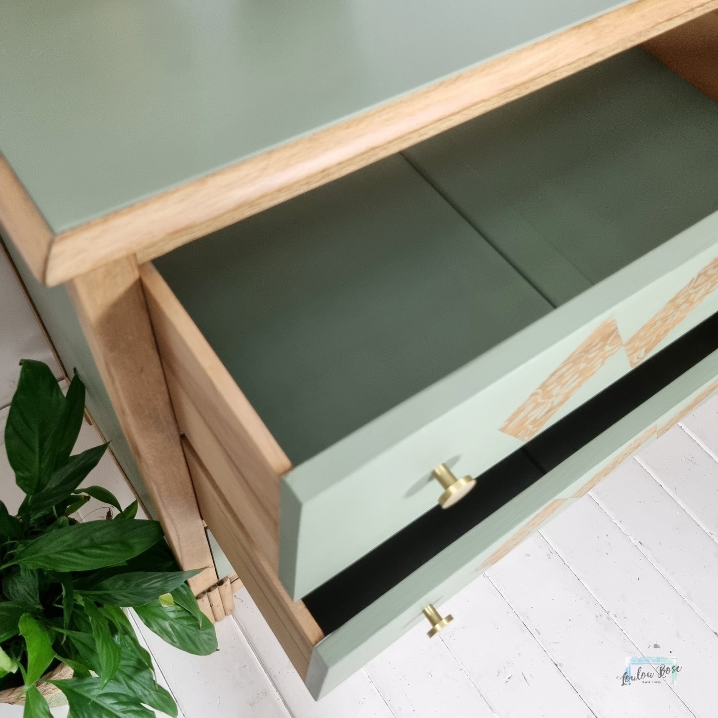 Oak Chest of Drawers Painted in Green with Stripped Detail and Stencilled Drawer Fronts