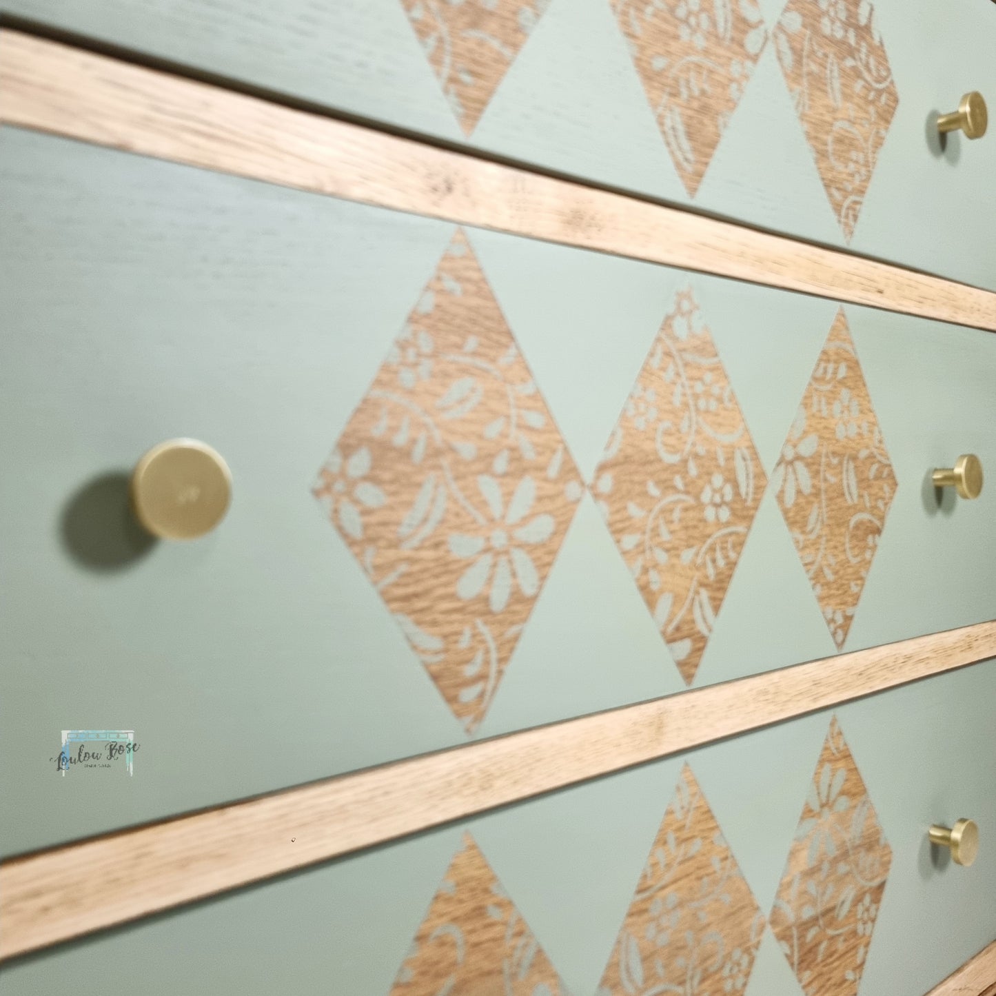 Oak Chest of Drawers Painted in Green with Stripped Detail and Stencilled Drawer Fronts