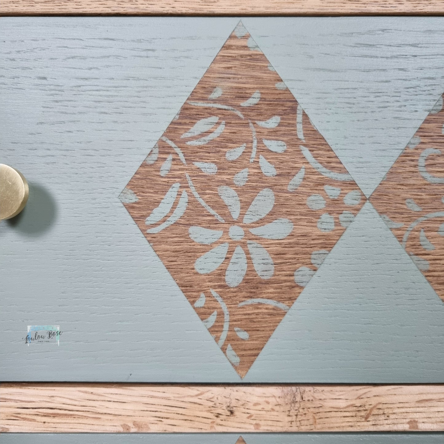 Oak Chest of Drawers Painted in Green with Stripped Detail and Stencilled Drawer Fronts