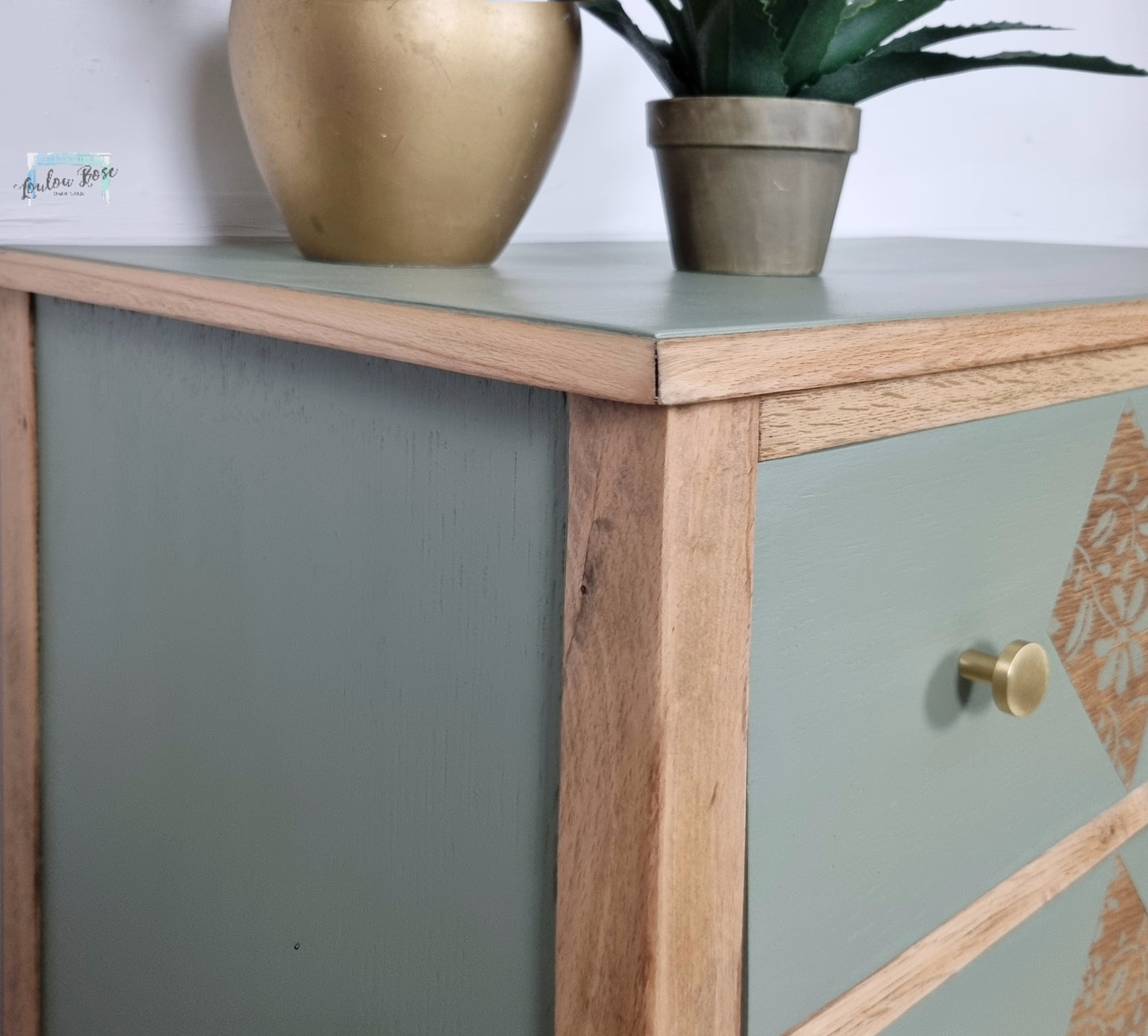 Oak Chest of Drawers Painted in Green with Stripped Detail and Stencilled Drawer Fronts