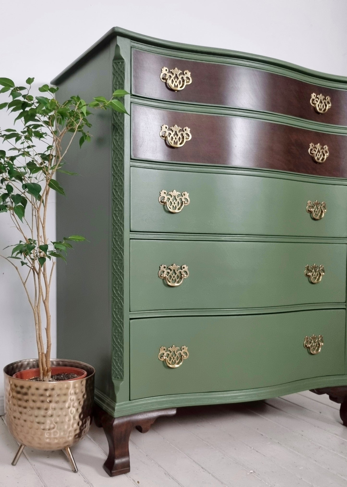 Serpentine Chest of Drawers in Green with Mahogany Drawer Fronts