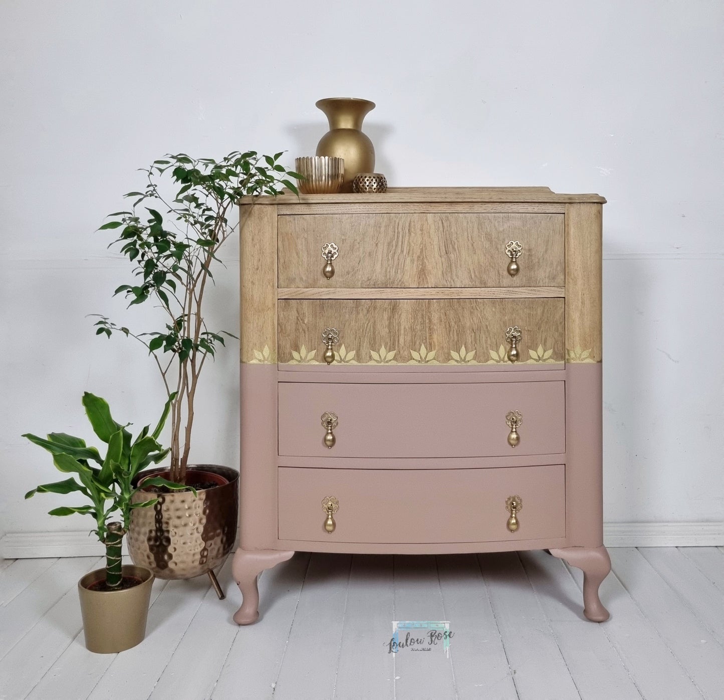 Chest of Drawers in Pink and White Washed Oak with Gold Stencil Detail