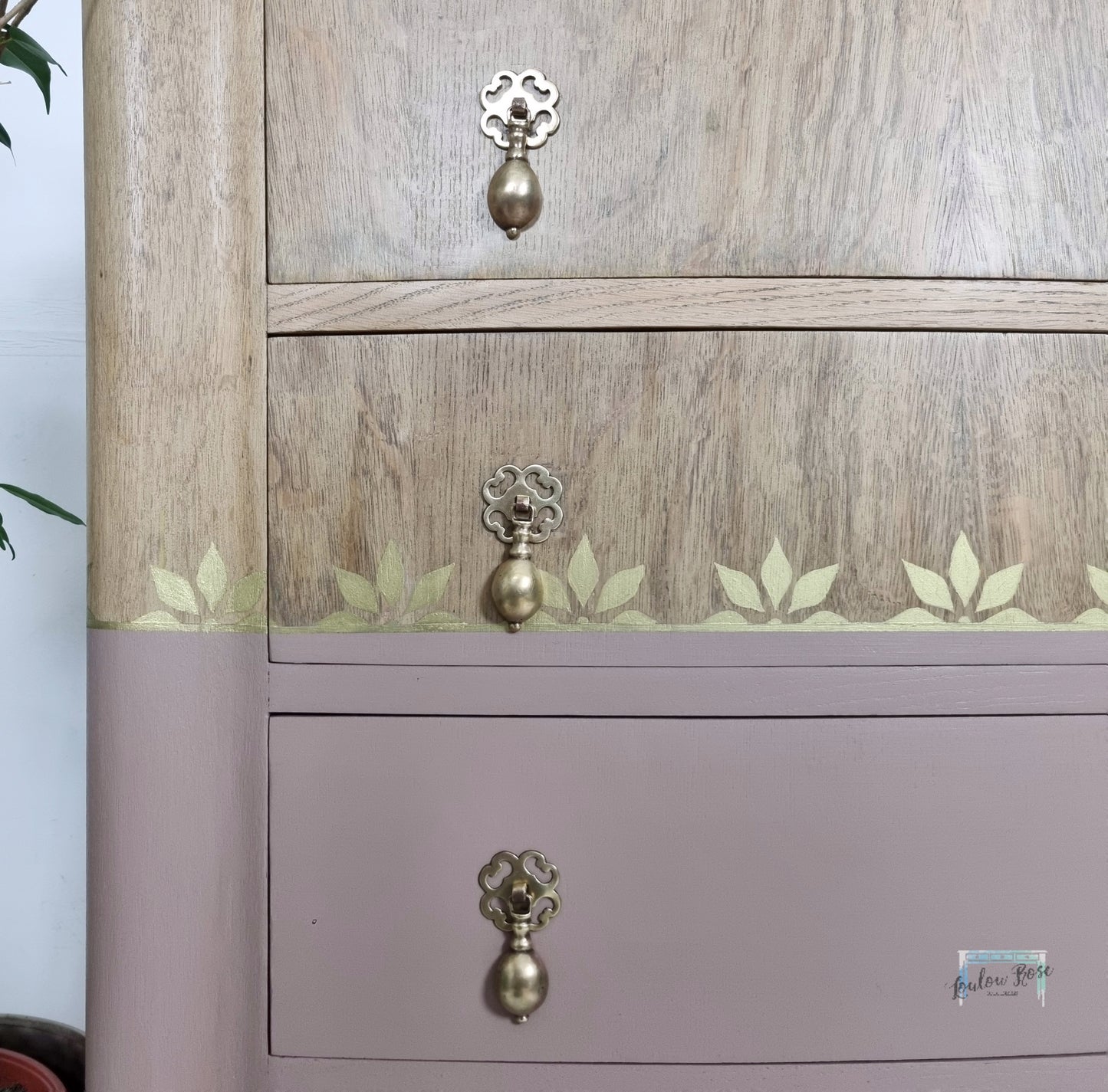 Chest of Drawers in Pink and White Washed Oak with Gold Stencil Detail