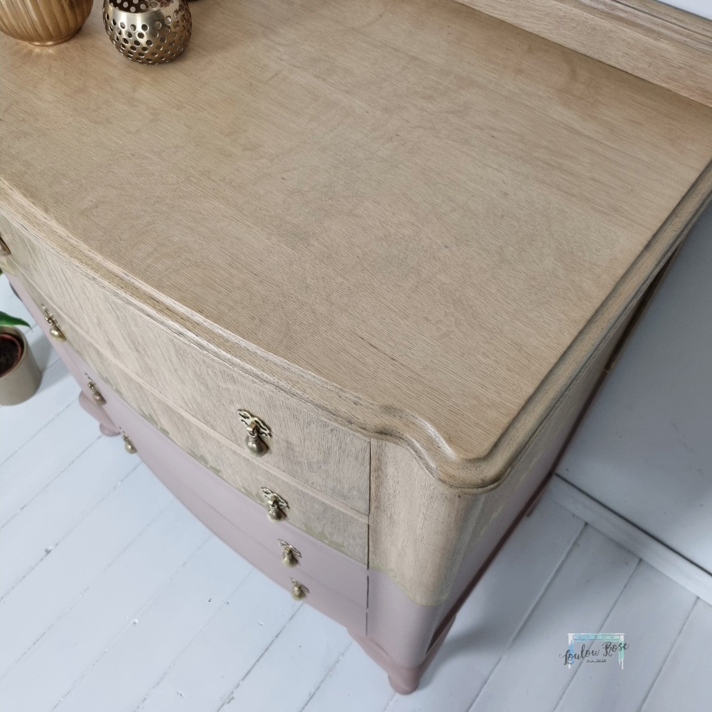 Chest of Drawers in Pink and White Washed Oak with Gold Stencil Detail