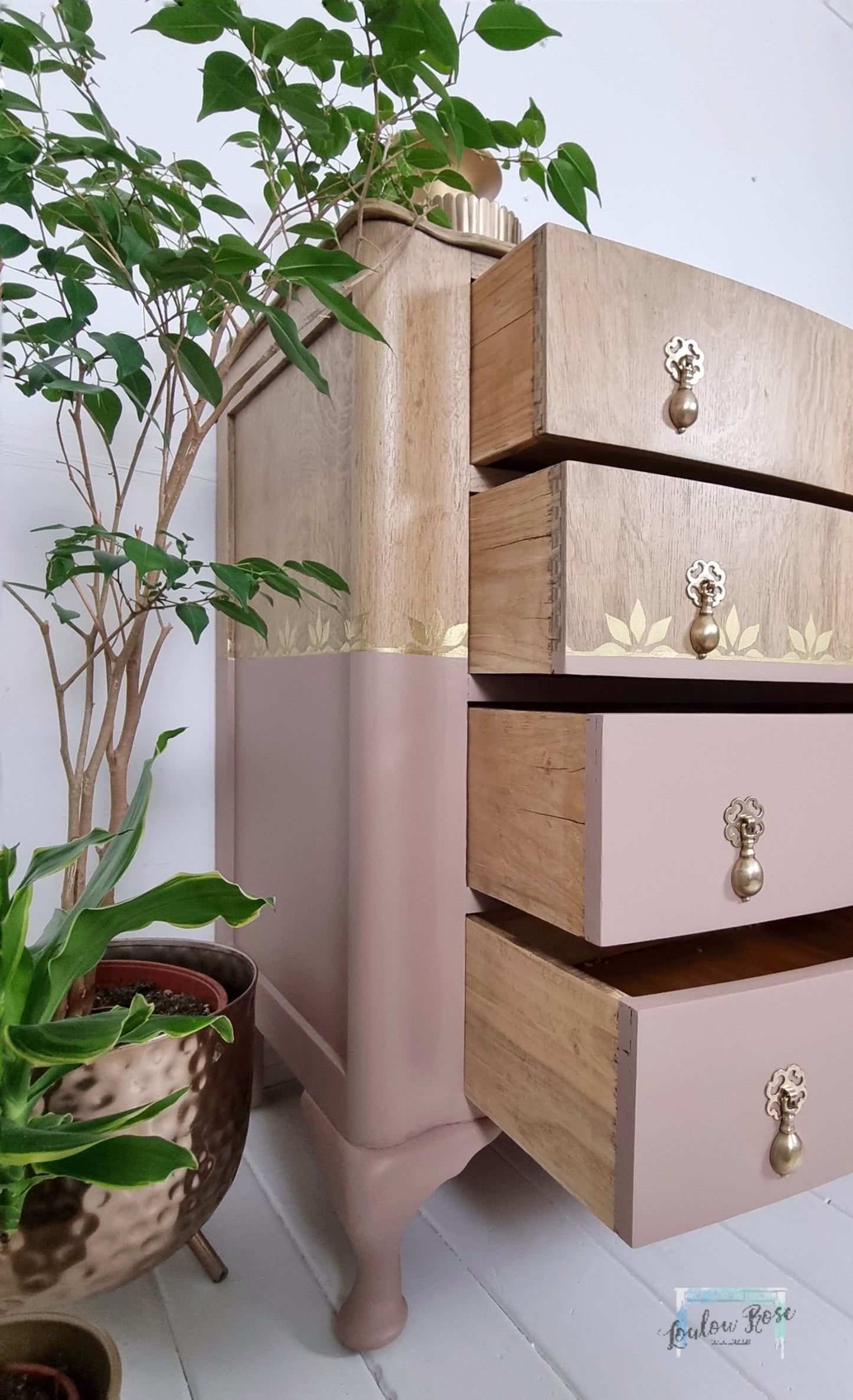 Chest of Drawers in Pink and White Washed Oak with Gold Stencil Detail