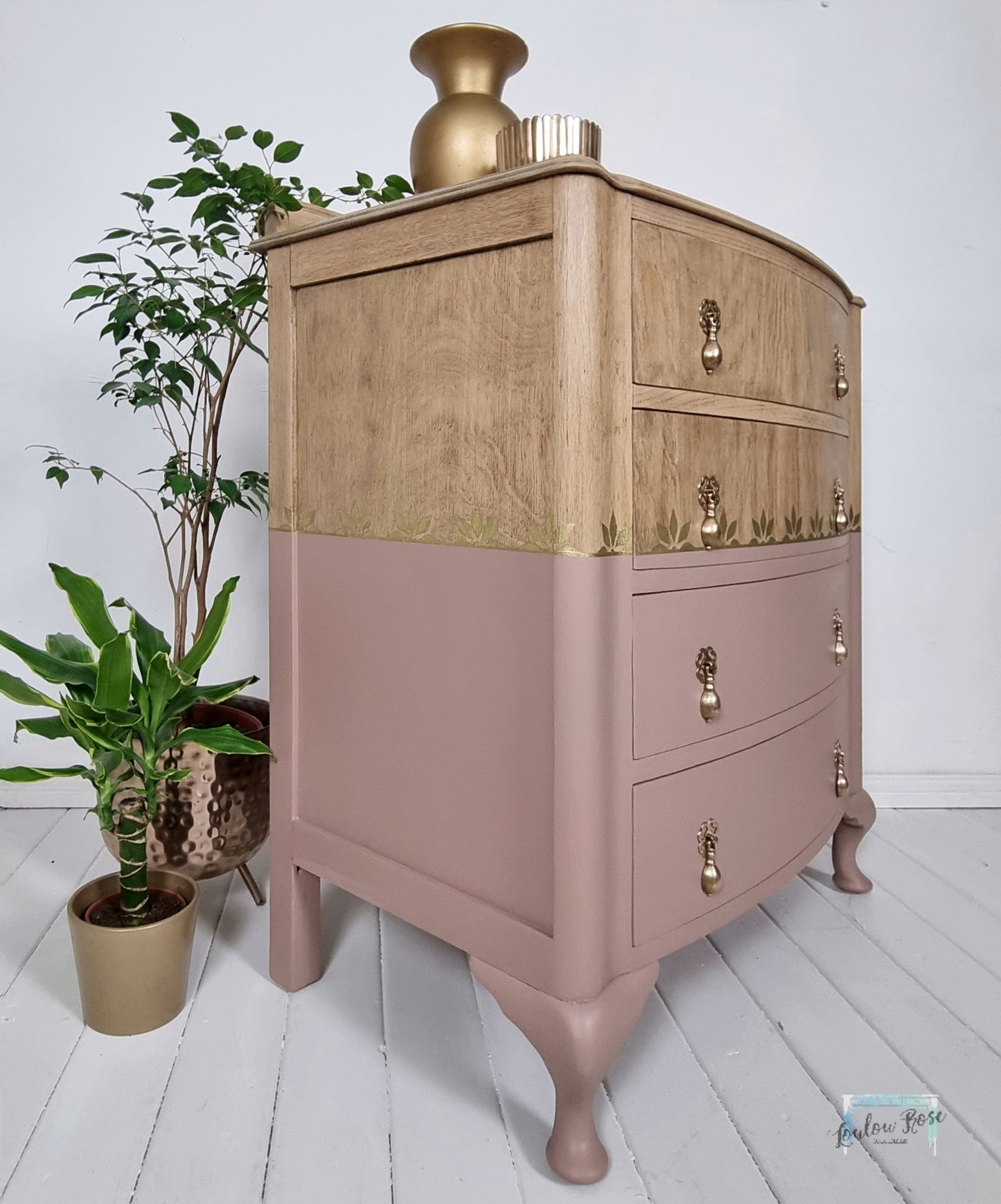 Chest of Drawers in Pink and White Washed Oak with Gold Stencil Detail