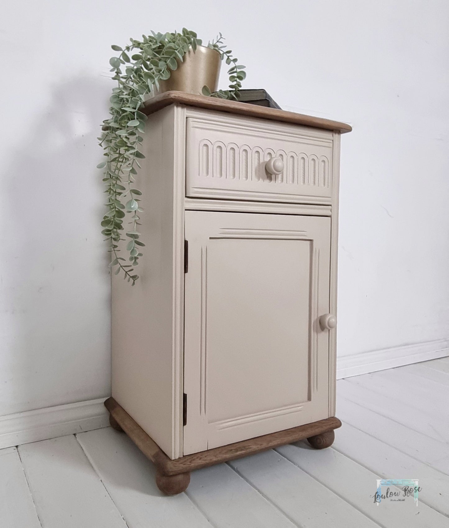 Priory Bedside Cabinet Painted in Beige with Green Interior