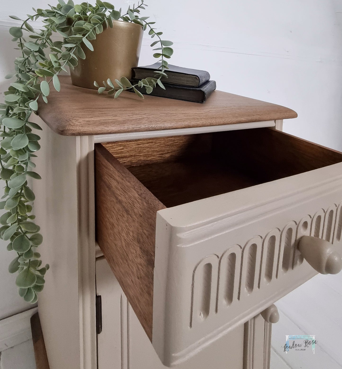 Priory Bedside Cabinet Painted in Beige with Green Interior