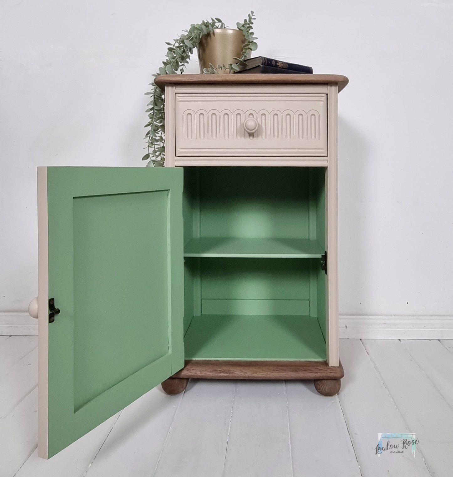 Priory Bedside Cabinet Painted in Beige with Green Interior