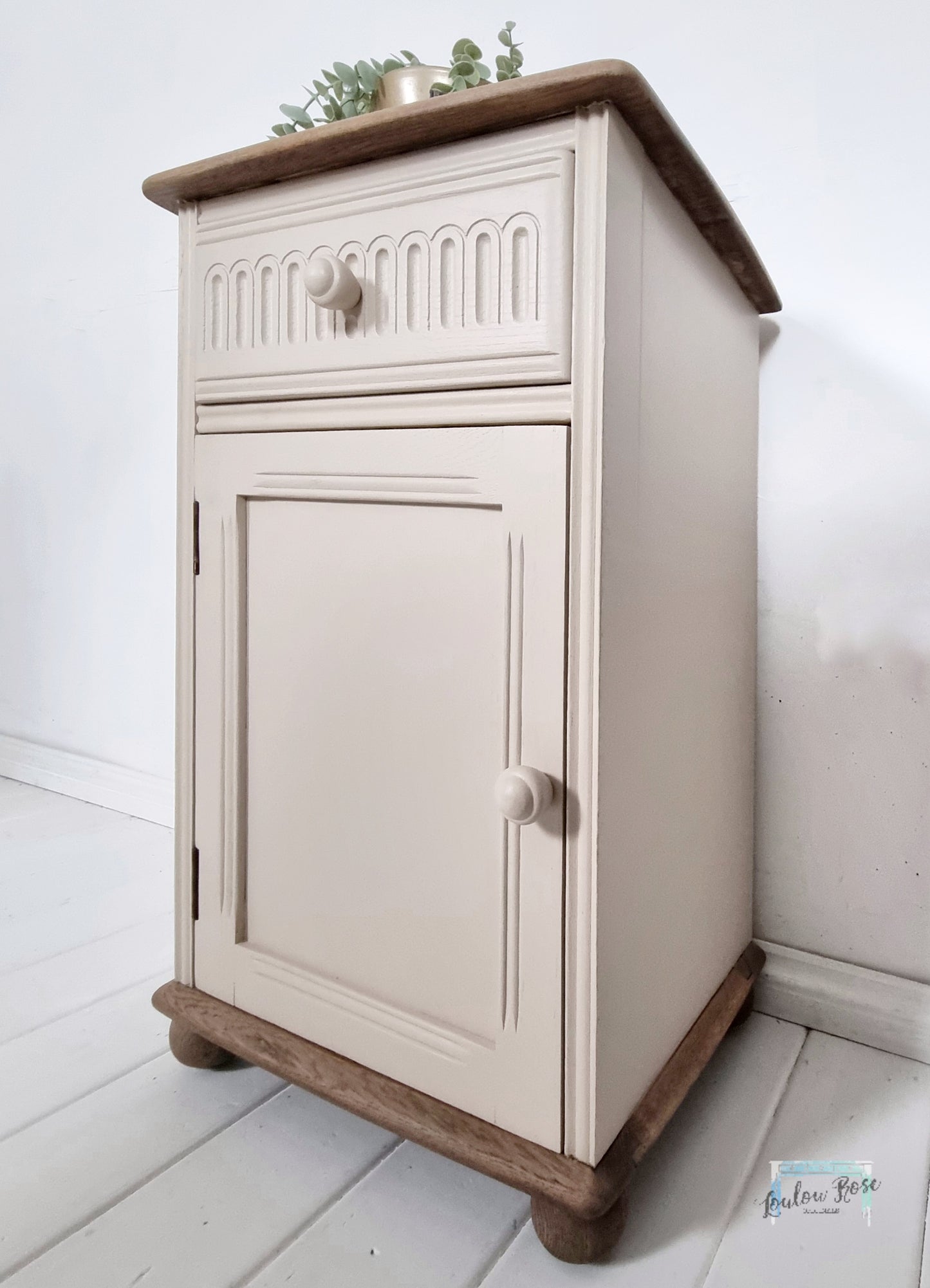 Priory Bedside Cabinet Painted in Beige with Green Interior