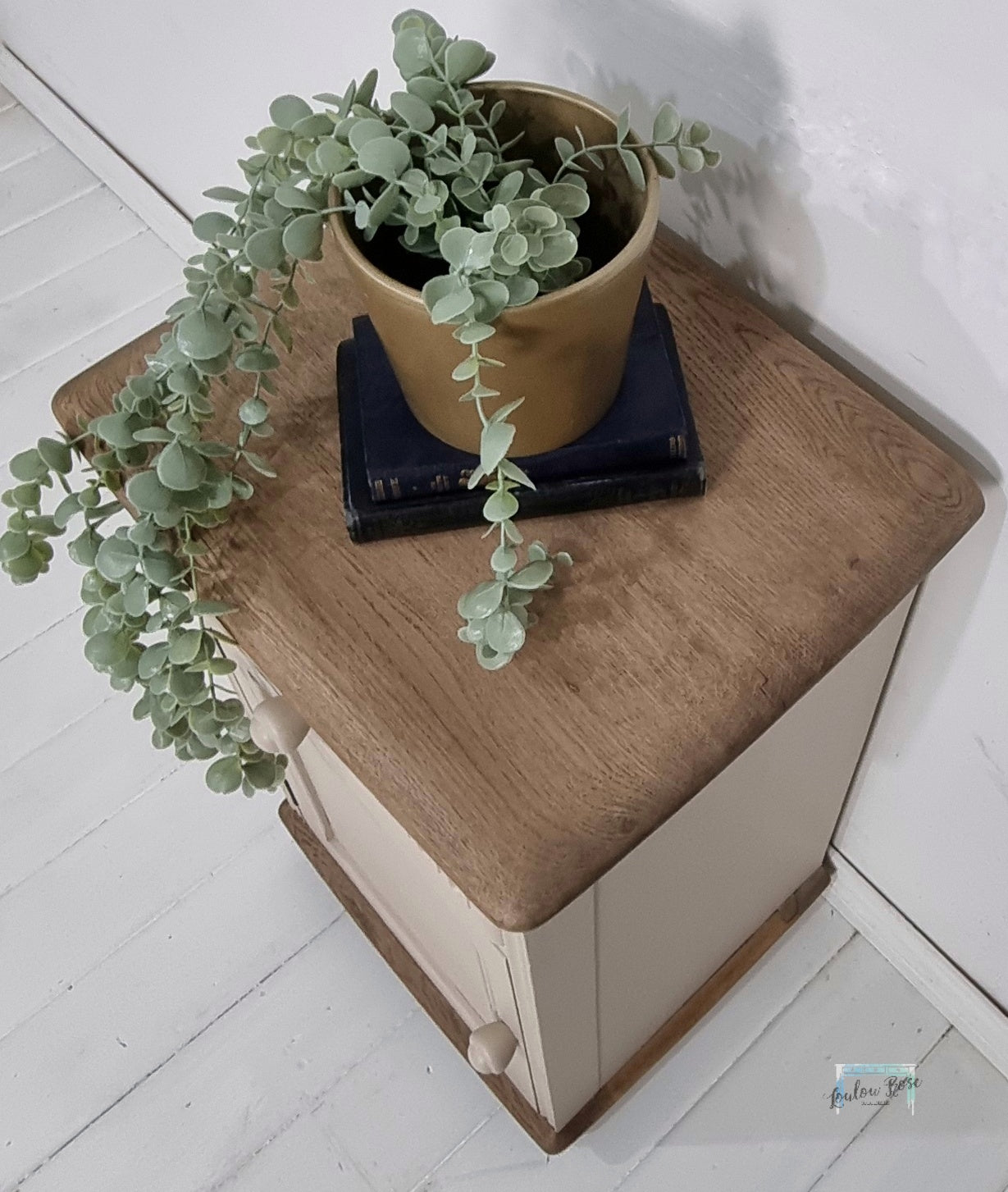 Priory Bedside Cabinet Painted in Beige with Green Interior