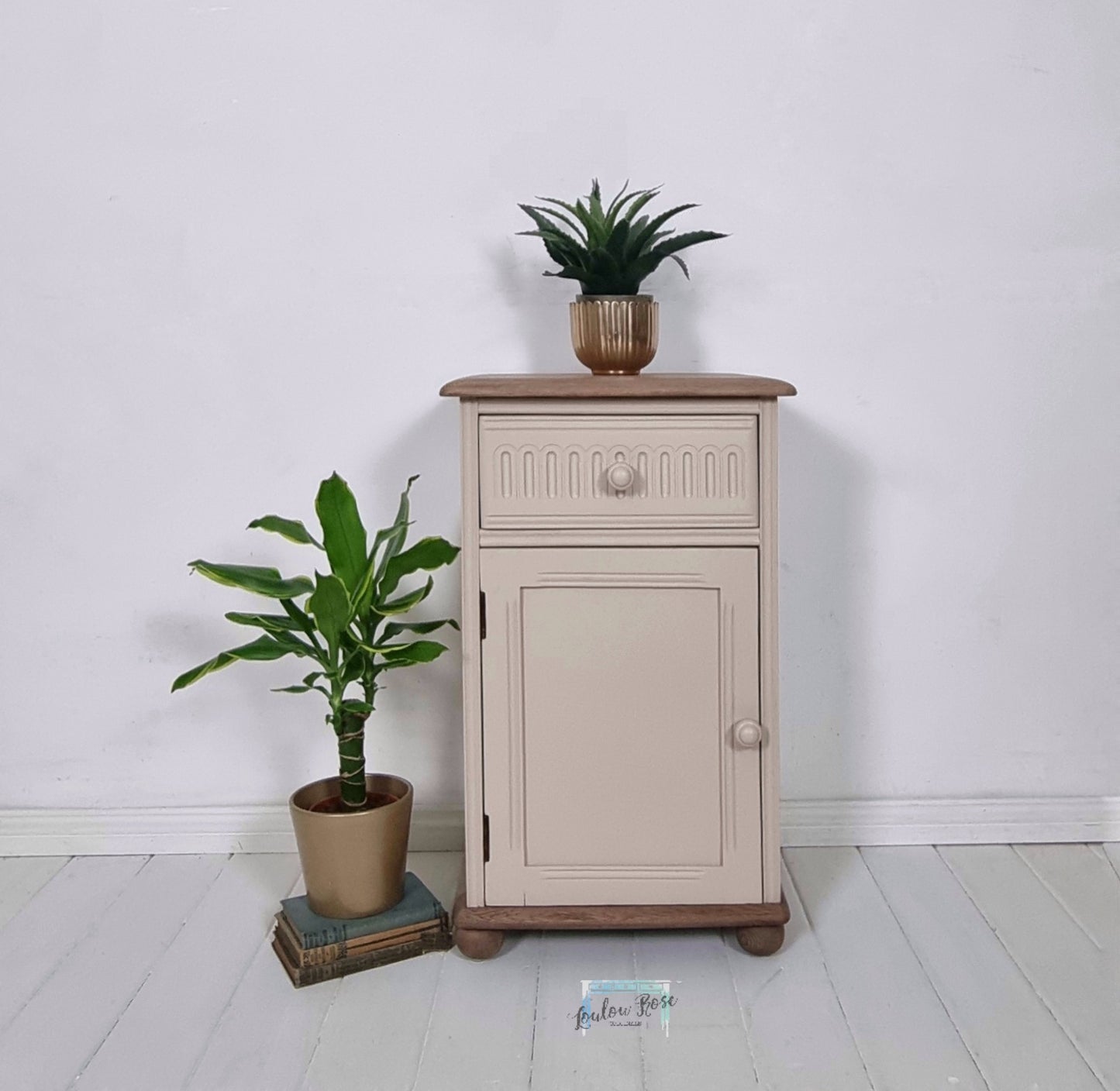 Priory Bedside Cabinet Painted in Beige with Green Interior