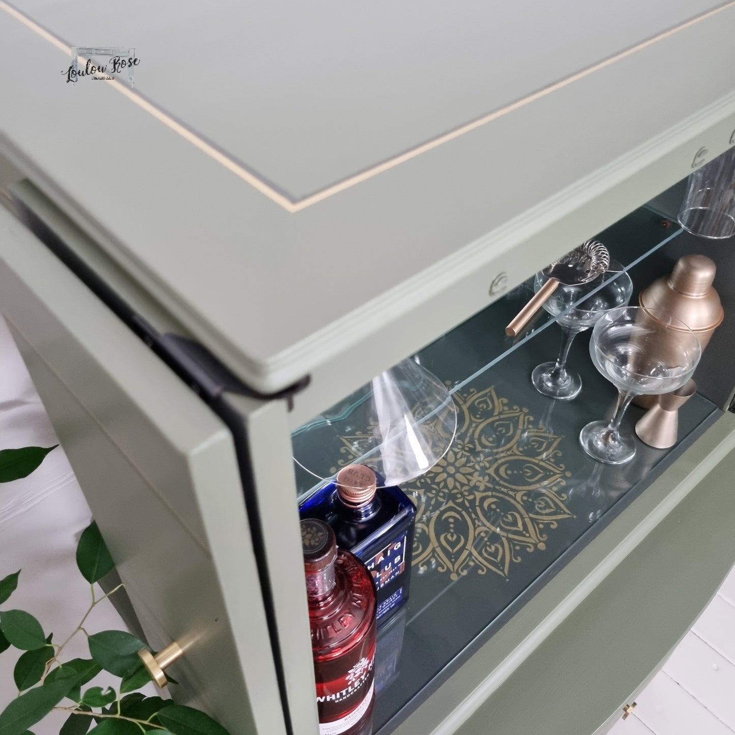 Cocktail Drinks Cabinet in Green with Mandala Stencilling in Green and Gold