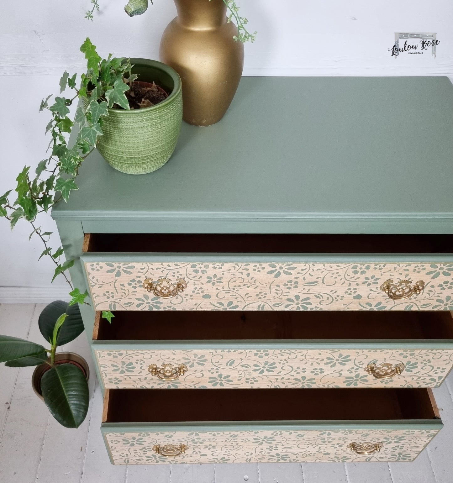 Vintage Oak Chest of Drawers Painted in Green with Stencilled Drawer Fronts