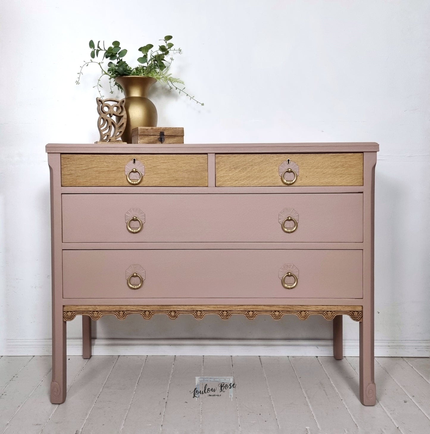 Vintage Oak Chest of Drawers Painted in Dusky Pink with Bare Wood Drawers and Carved Detail