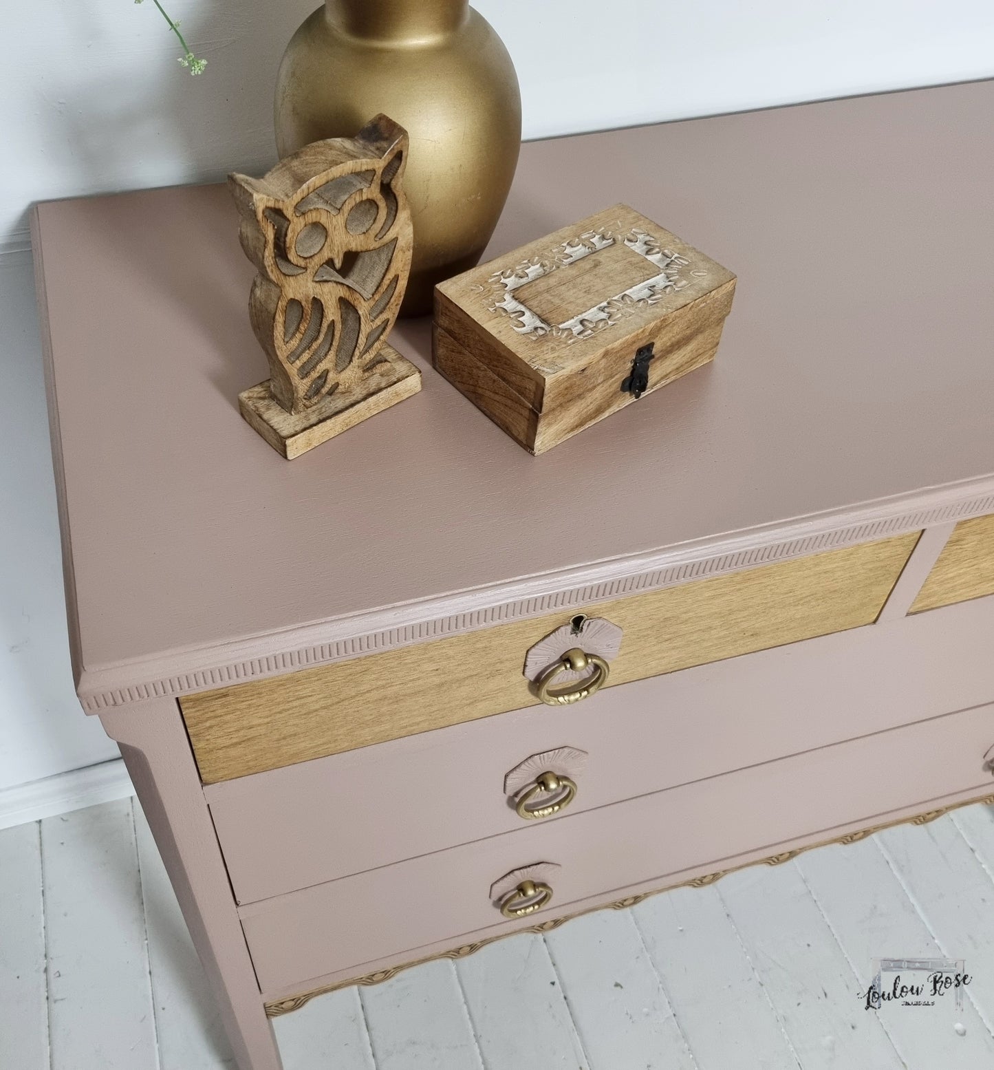 Vintage Oak Chest of Drawers Painted in Dusky Pink with Bare Wood Drawers and Carved Detail