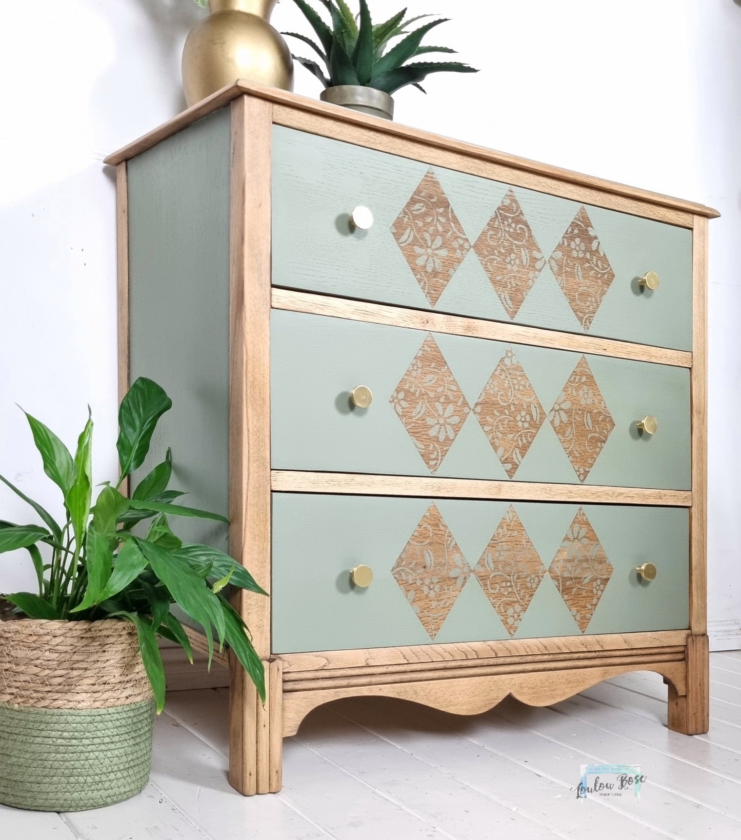 Oak Chest of Drawers Painted in Green with Stripped Detail and Stencilled Drawer Fronts