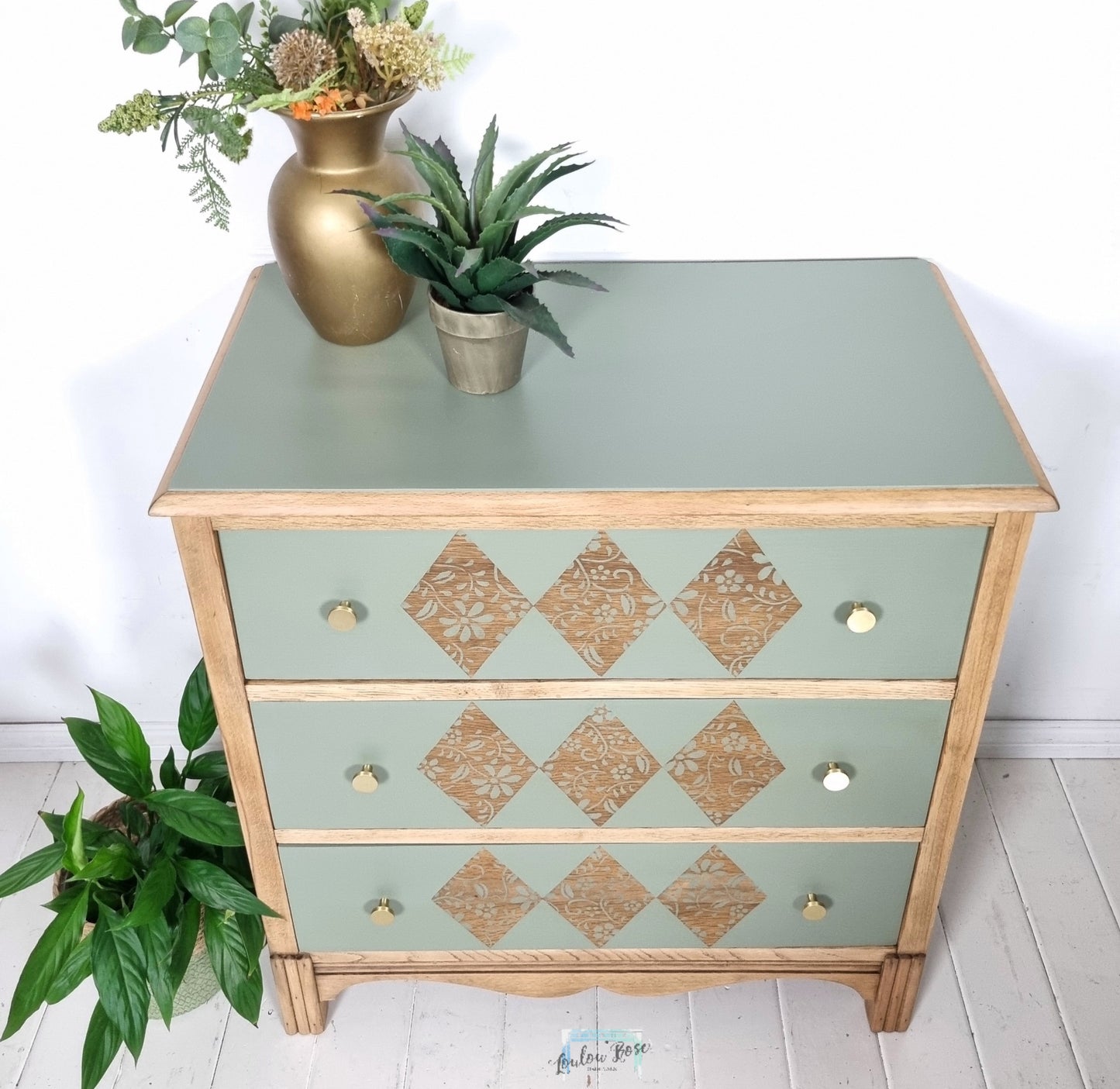 Oak Chest of Drawers Painted in Green with Stripped Detail and Stencilled Drawer Fronts