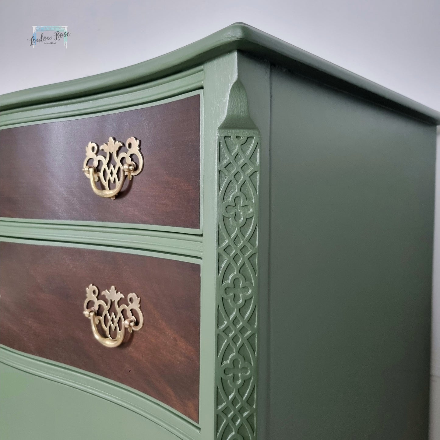 Serpentine Chest of Drawers in Green with Mahogany Drawer Fronts