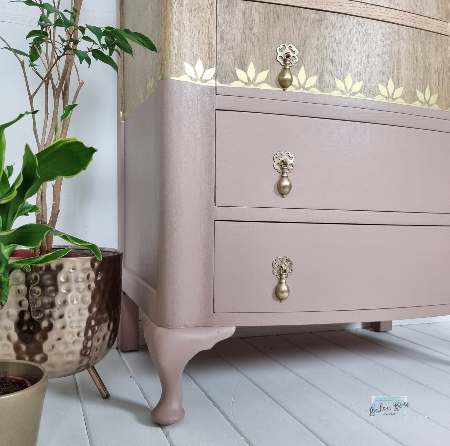 Chest of Drawers in Pink and White Washed Oak with Gold Stencil Detail