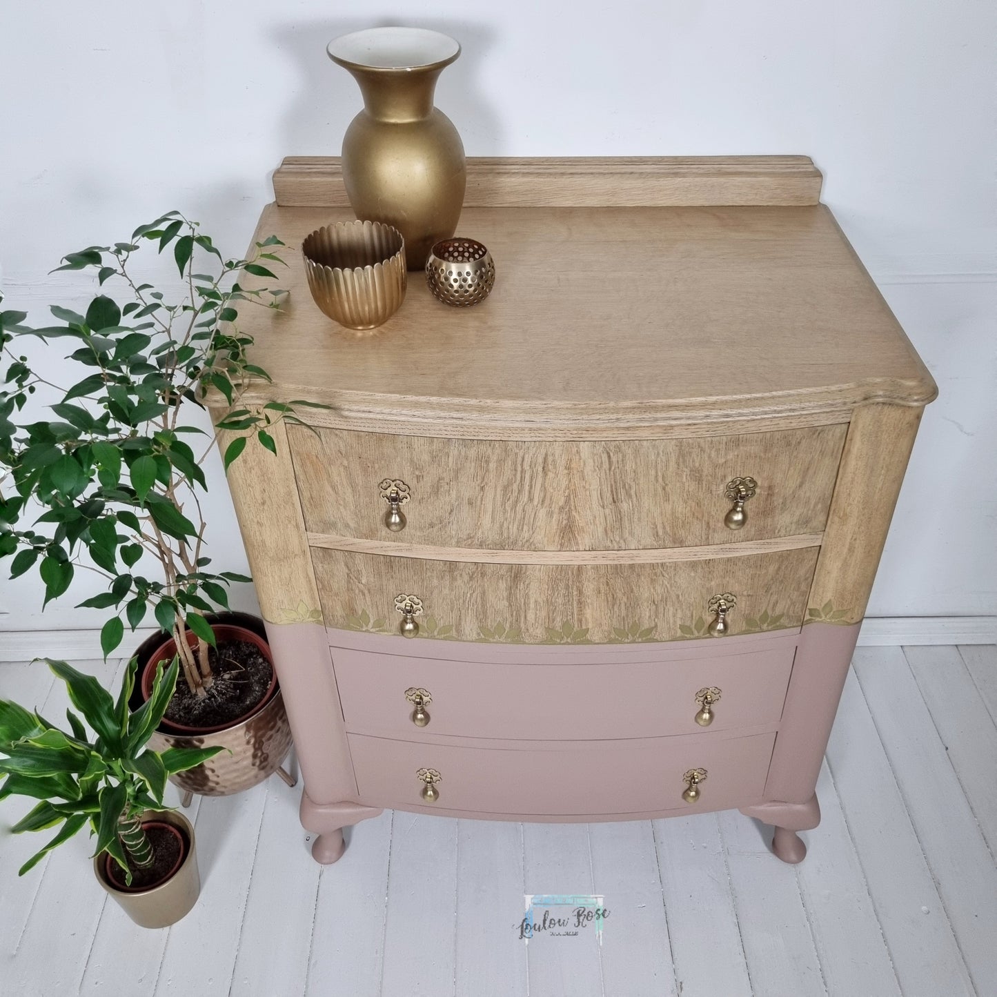 Chest of Drawers in Pink and White Washed Oak with Gold Stencil Detail