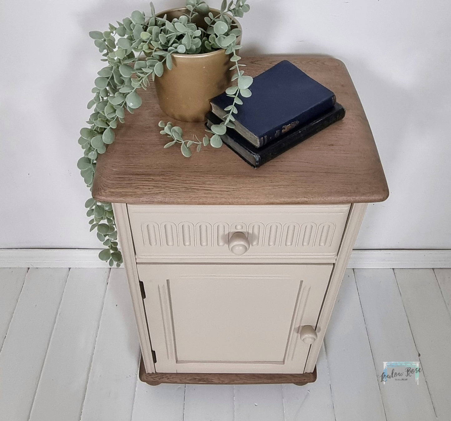 Priory Bedside Cabinet Painted in Beige with Green Interior