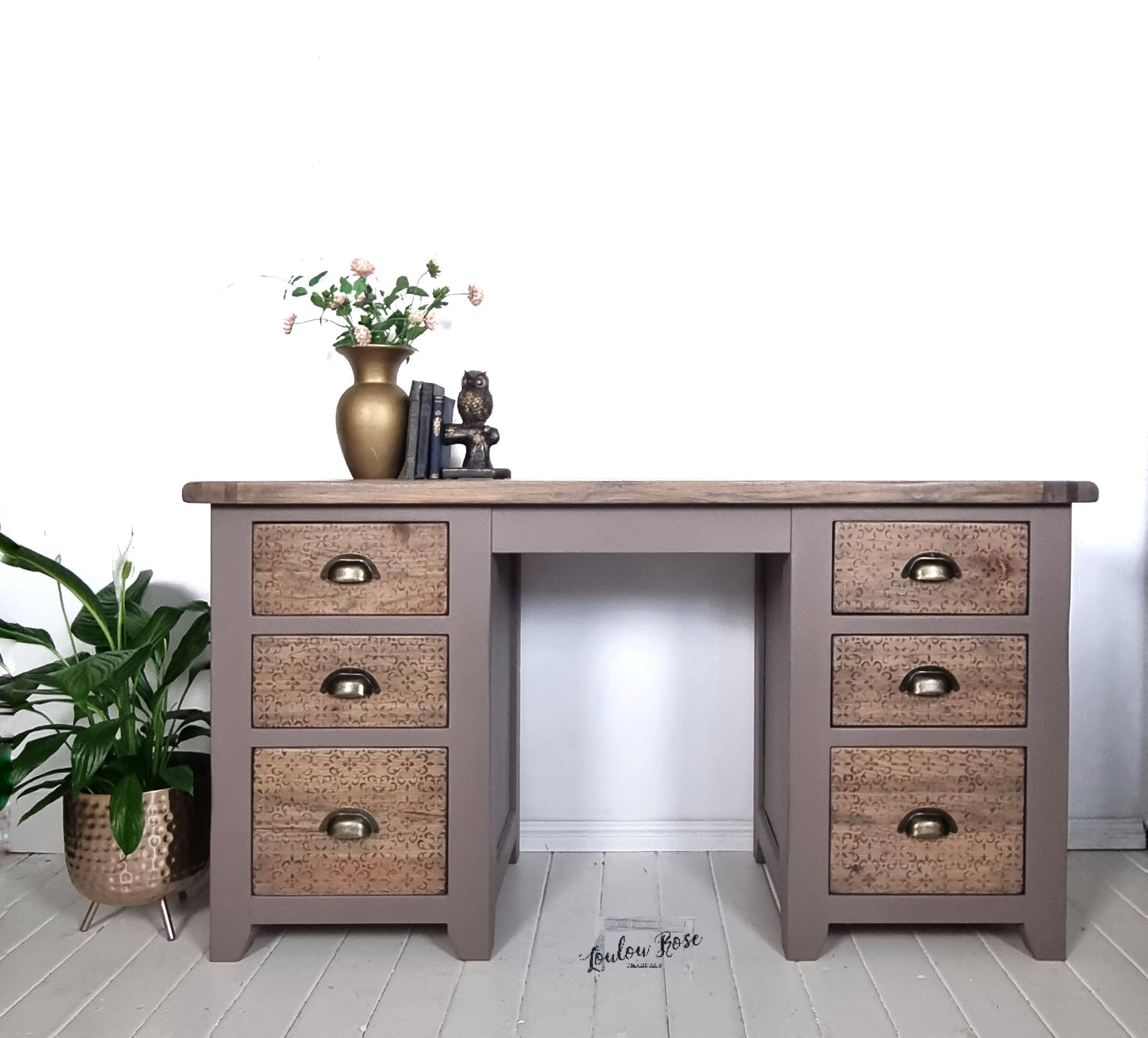 Oak Desk in Earthy Brown with Distressed Stencilling