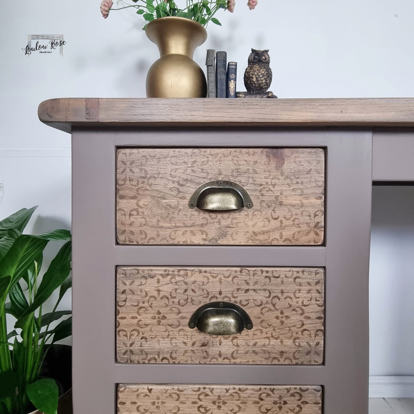 Oak Desk in Earthy Brown with Distressed Stencilling