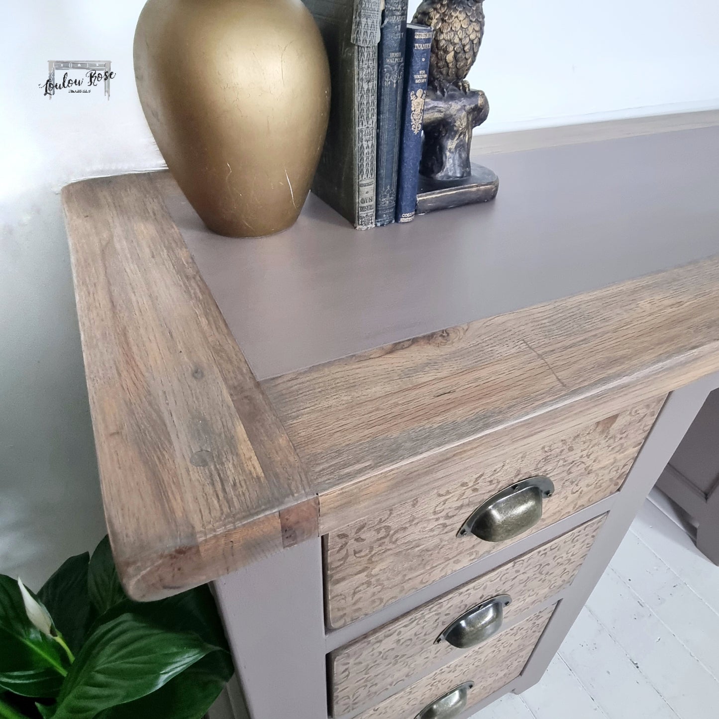 Oak Desk in Earthy Brown with Distressed Stencilling