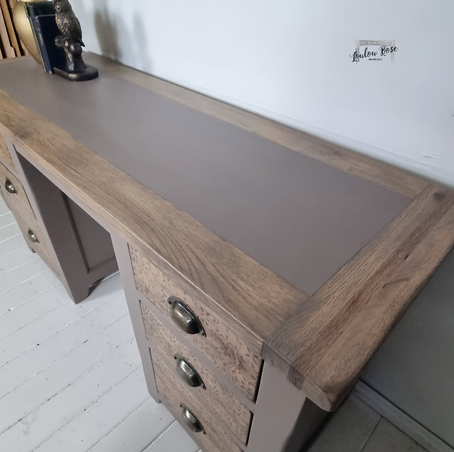 Oak Desk in Earthy Brown with Distressed Stencilling