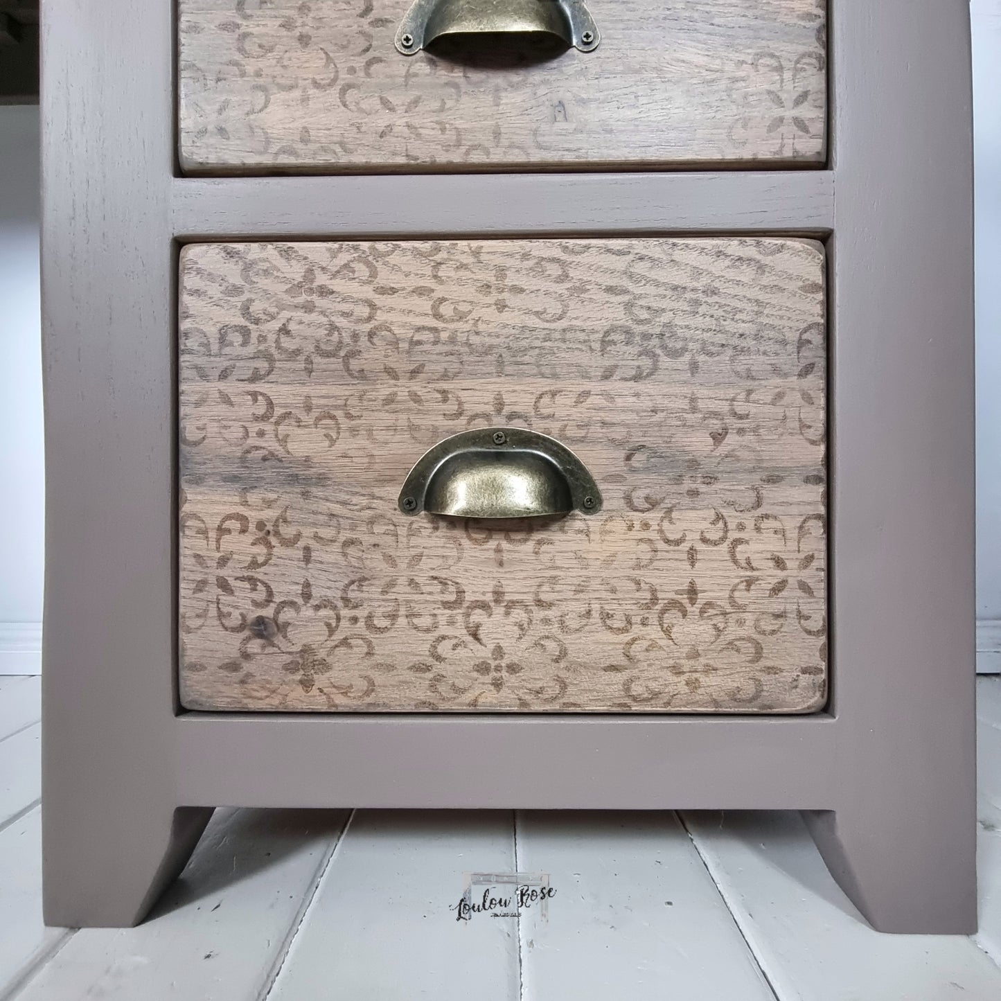 Oak Desk in Earthy Brown with Distressed Stencilling