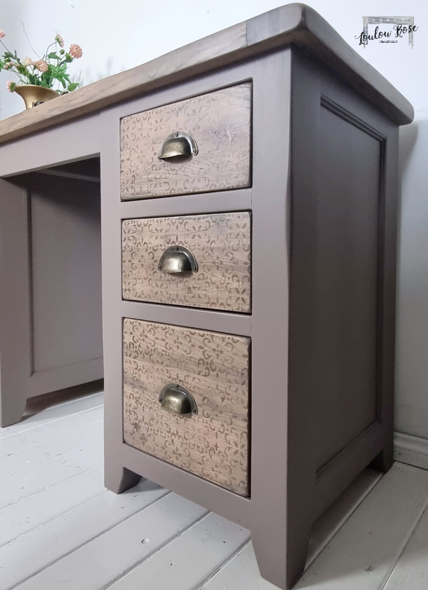 Oak Desk in Earthy Brown with Distressed Stencilling