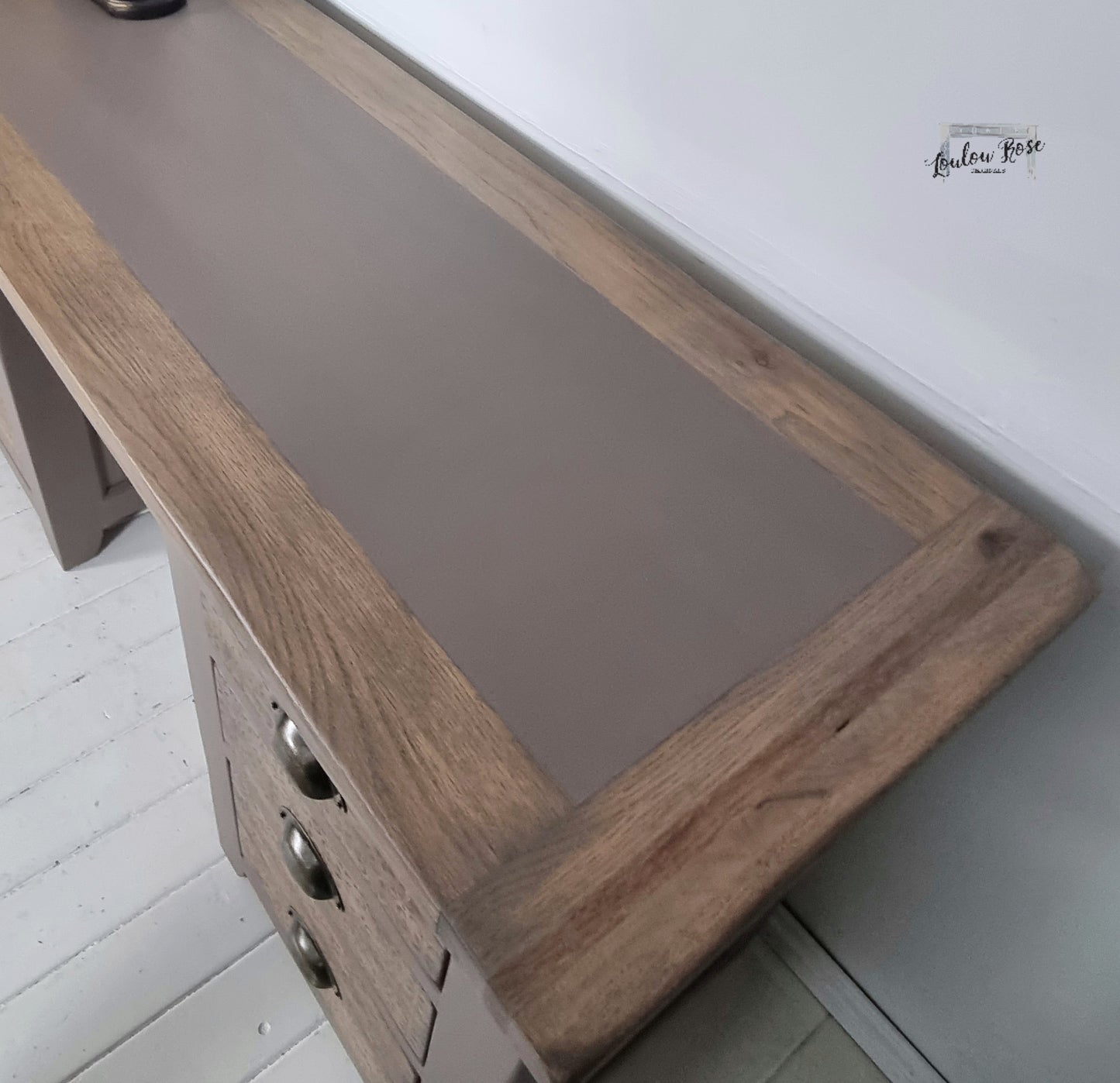 Oak Desk in Earthy Brown with Distressed Stencilling