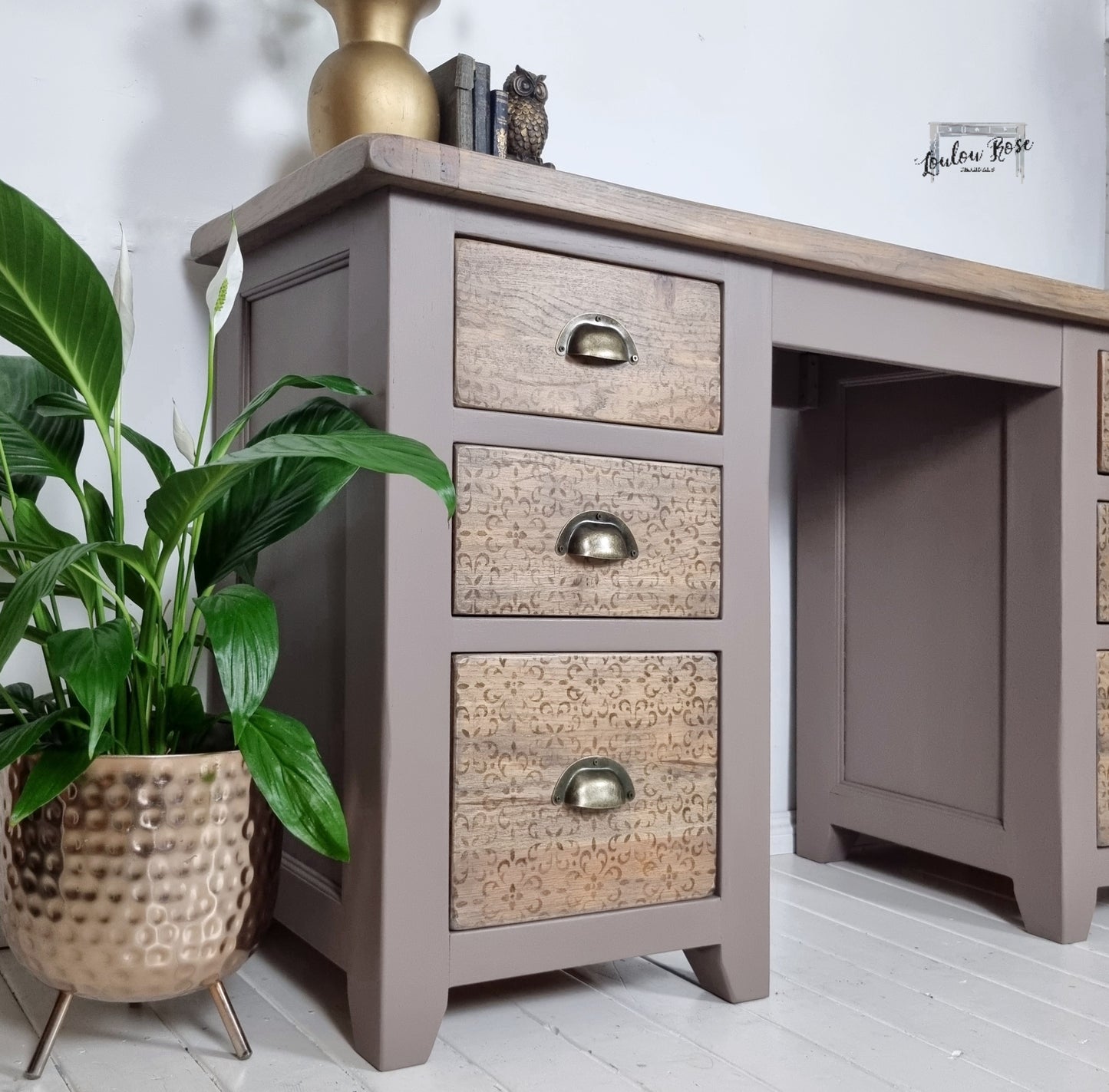 Oak Desk in Earthy Brown with Distressed Stencilling