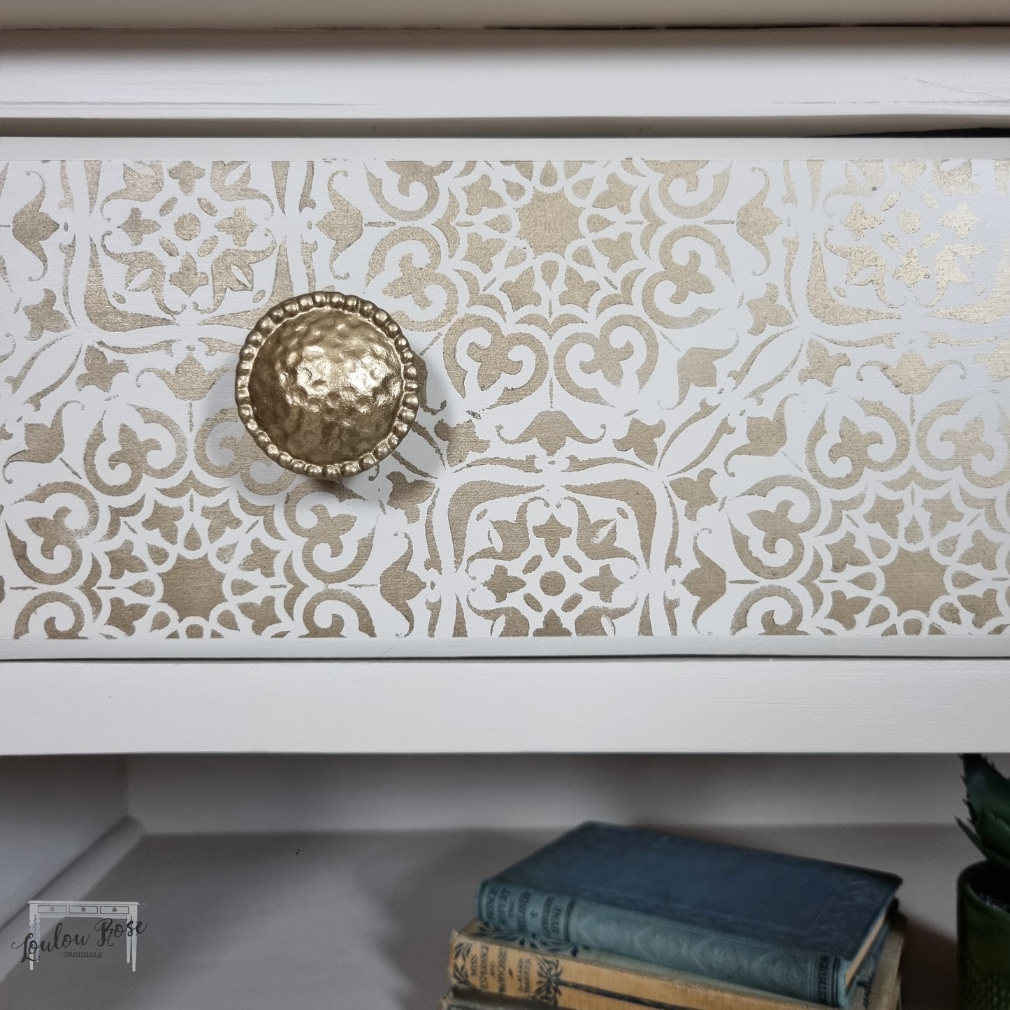 Storage Cabinet in Cream with Stencil Detail