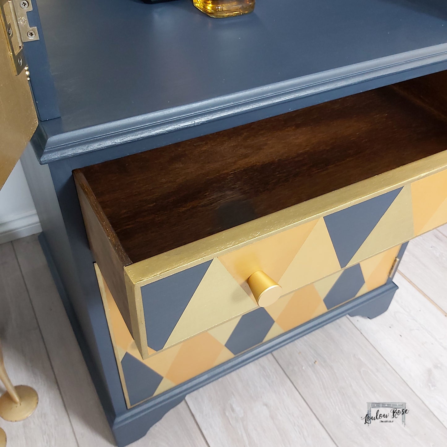 Drinks Cabinet in Navy Blue and Gold with Hand Painted Geometric Design