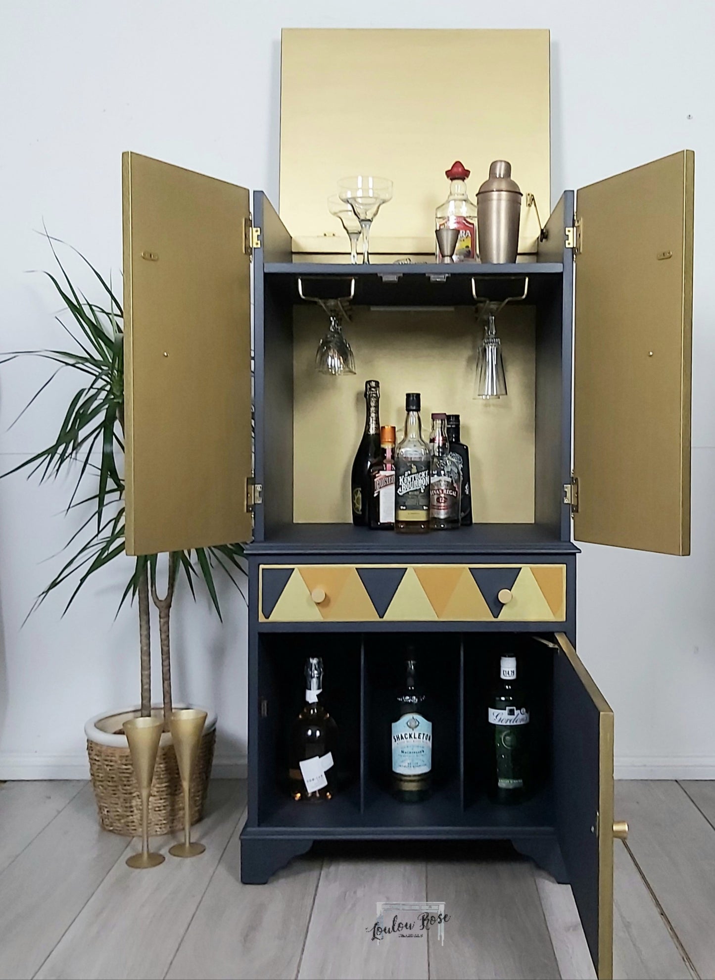 Drinks Cabinet in Navy Blue and Gold with Hand Painted Geometric Design