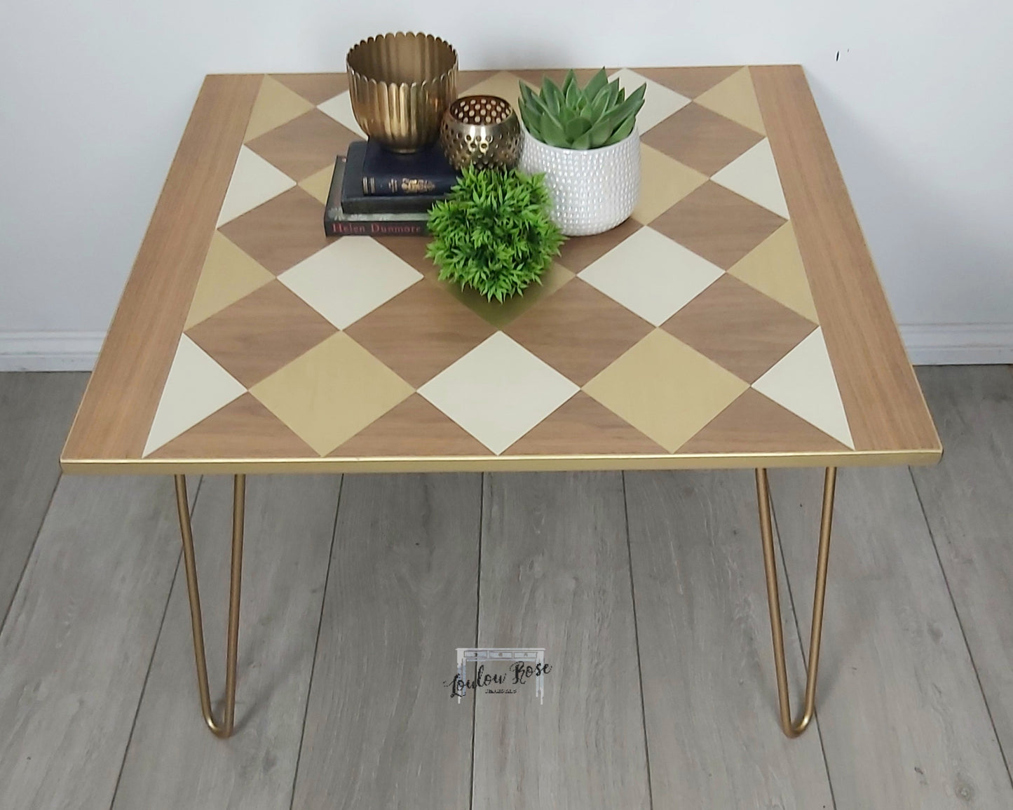 Coffee Table, Side Table with Hairpin Legs and a Geometric Design in Gold and Cream
